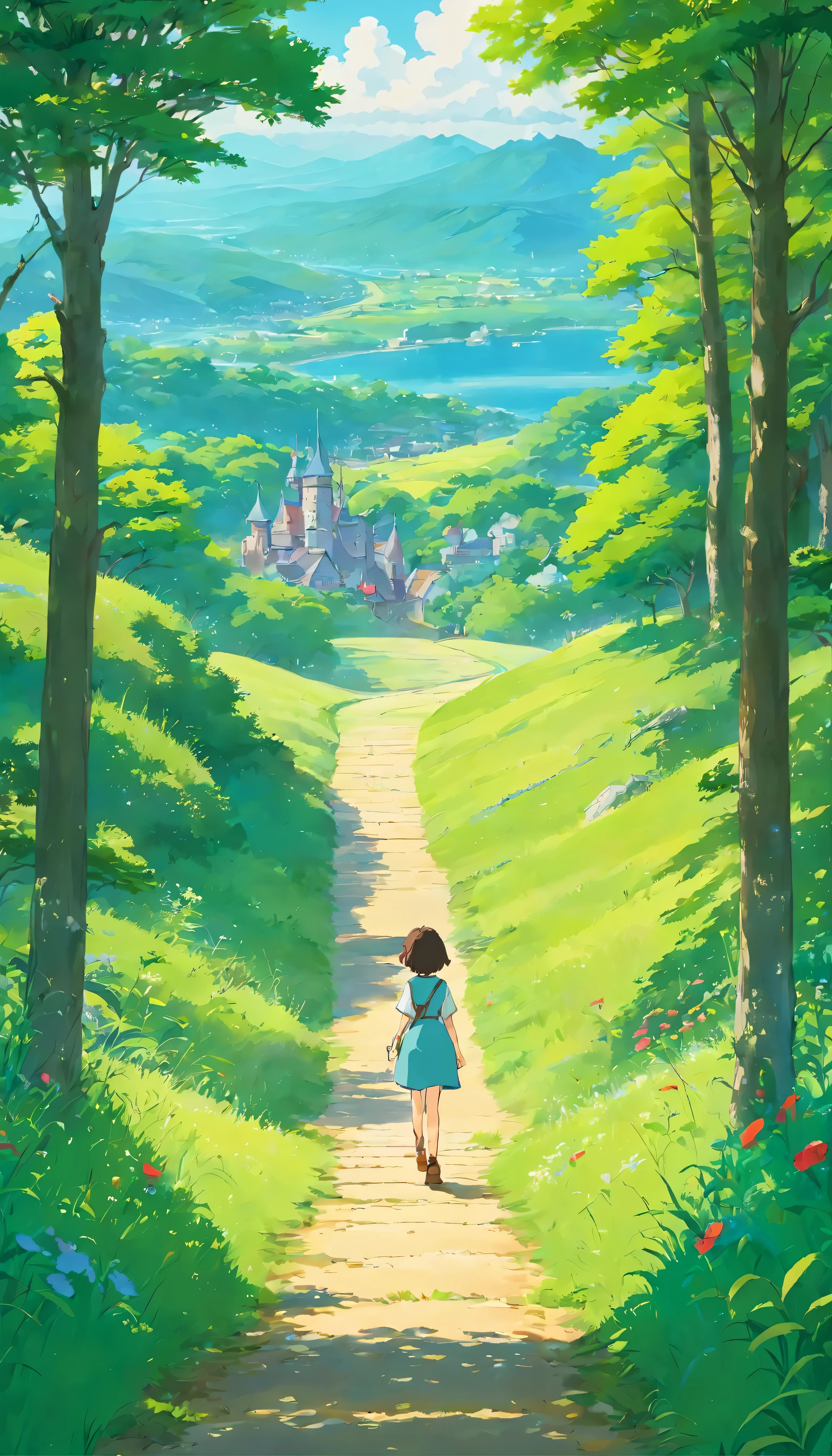 In the heart of a tranquil countryside、A breathtaking oil painting emerges。The stage is Studio Ghibli、Set by the masterful hand of Hayao Miyazaki。A realistic depiction of the vast grasslands beneath a clear blue sky、beautifully、It&#39;s a beautifully drawn piece。 Various petals fluttering in the wind、Cover the ground、Add vibrant color to tranquil landscapes。Like a winding country road weaving through the grasslands、Leads the viewer&#39;s gaze into the distance。There are some interesting buildings along the road.、The details and structure、