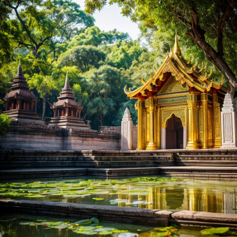 (best quality,4k,8k,highres,masterpiece:1.2),ultra-detailed,(realistic,photorealistic,photo-realistic:1.37),ancient temple,sunlight filtering through the trees,stone sculptures,meticulously carved walls and pillars,majestic temple towers,ornate decorations and motifs,lotus pond reflecting the temple's beauty,serene atmosphere,sacred rituals and ceremonies,traditional Khmer architecture,rich cultural heritage,deep sense of history,moss-covered ruins and statuary,morning mist adding an ethereal touch,dancers performing traditional Apsara dance,colorful traditional costumes,blazing sunset casting a warm glow,spiritual ambiance,peaceful and serene spirituality,vibrant colors,dreamlike atmosphere,hidden chambers and secret passageways,shimmering golden stupas,devout Buddhist practitioners,artistic portrayal of Buddha,faint scent of incense,chants and prayers echoing in the air,sacred incantations and rituals,graceful lotus flowers,breathtaking views from the temples' elevated platforms,ancient mystical legends and myths,magnificent bas-reliefs depicting Hindu and Buddhist stories,architectural marvels standing the test of time,mysterious and awe-inspiring,hidden treasures waiting to be discovered,cultural and architectural gem in Southeast Asia.
