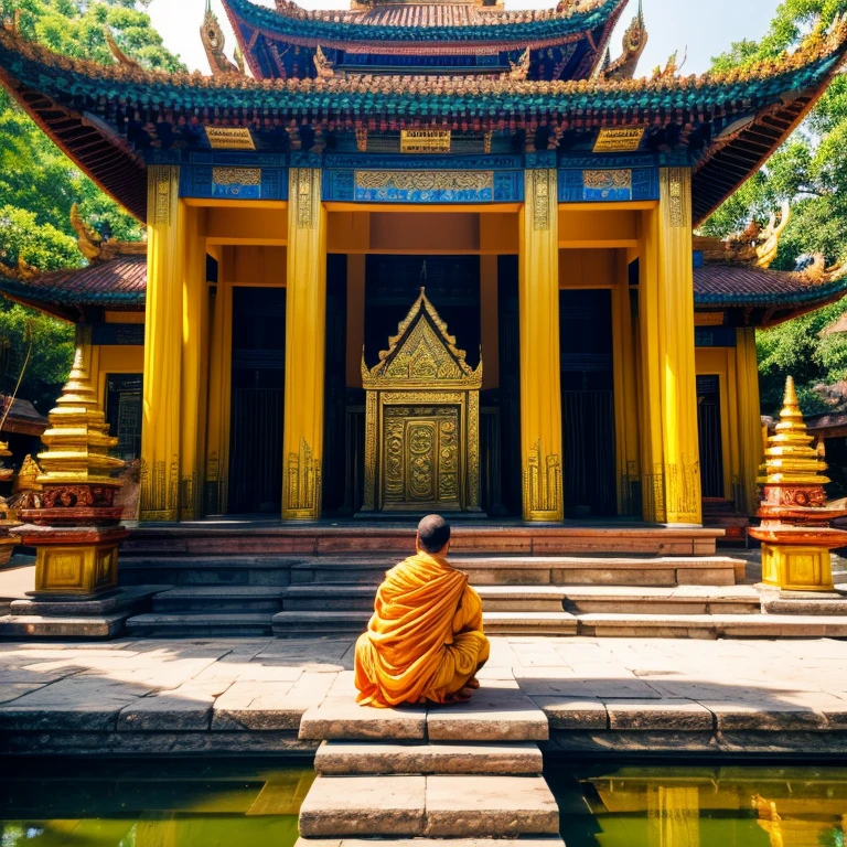 (best quality,4k,8k,highres,masterpiece:1.2),ultra-detailed,(realistic,photorealistic,photo-realistic:1.37),ancient temple,sunlight filtering through the trees,stone sculptures,meticulously carved walls and pillars,majestic temple towers,ornate decorations and motifs,lotus pond reflecting the temple's beauty,serene atmosphere,sacred rituals and ceremonies,traditional Khmer architecture,rich cultural heritage,deep sense of history,moss-covered ruins and statuary,morning mist adding an ethereal touch,dancers performing traditional Apsara dance,colorful traditional costumes,blazing sunset casting a warm glow,spiritual ambiance,peaceful and serene spirituality,vibrant colors,dreamlike atmosphere,hidden chambers and secret passageways,shimmering golden stupas,devout Buddhist practitioners,artistic portrayal of Buddha,faint scent of incense,chants and prayers echoing in the air,sacred incantations and rituals,graceful lotus flowers,breathtaking views from the temples' elevated platforms,ancient mystical legends and myths,magnificent bas-reliefs depicting Hindu and Buddhist stories,architectural marvels standing the test of time,mysterious and awe-inspiring,hidden treasures waiting to be discovered,cultural and architectural gem in Southeast Asia.