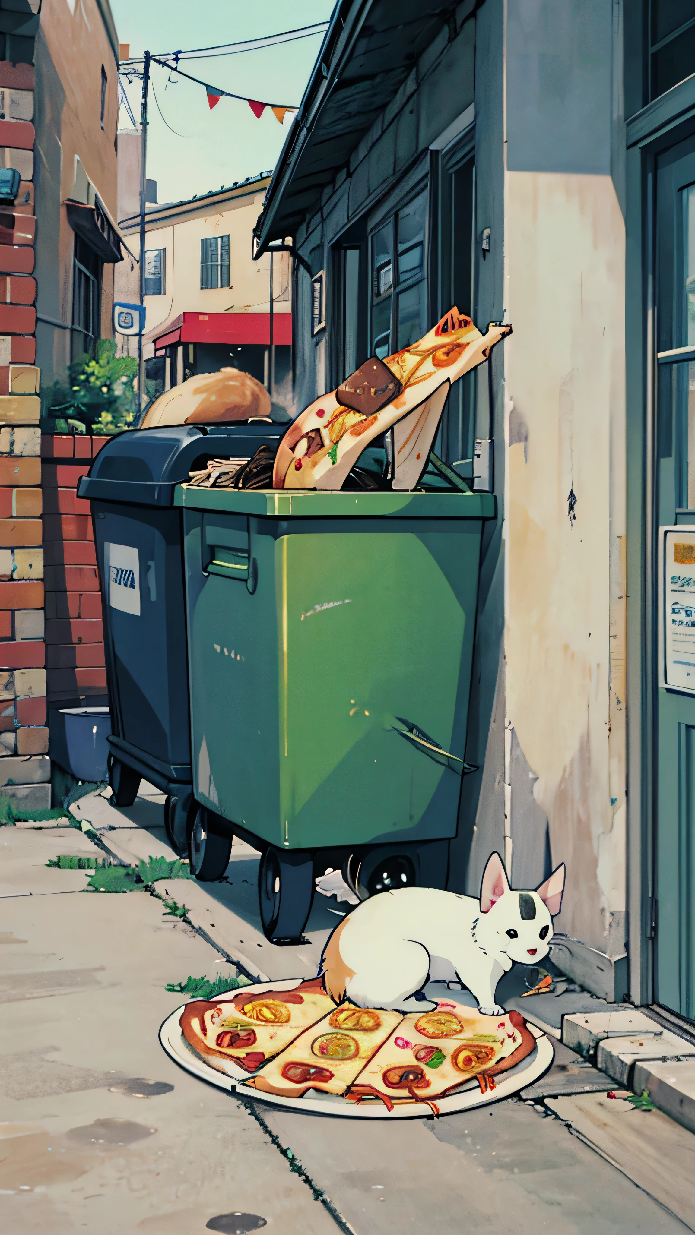 White spot Corgi, eat spaghetti, plate, alley, pizza shop, rat, trash can, fence, police car
