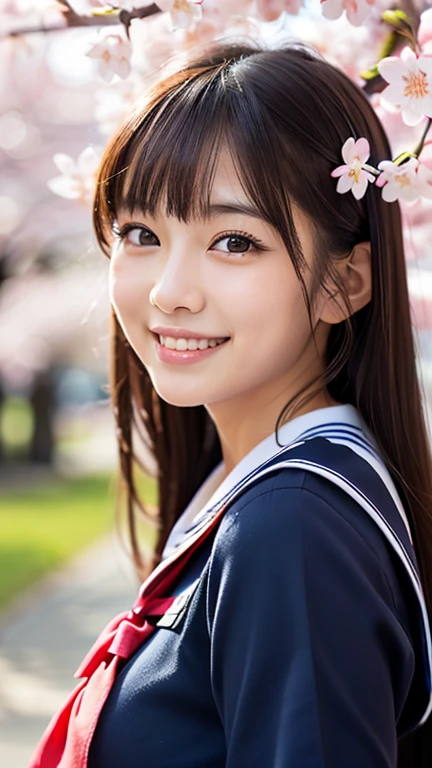 (((Beautiful Japanese schoolgirl))) 、1 person、(((Under the cherry blossoms in full bloom)))、Striking a sexy pose、(((Sailor suit exposure)))、(((Glamour)))、((smile))、Realistic、A clearer picture、Beautiful fine details、Hyperrealism、High Contrast、Ultra HD、Realistic skin texture、Best image quality、highest quality、Ultra-high resolution、In detail、Very carefully