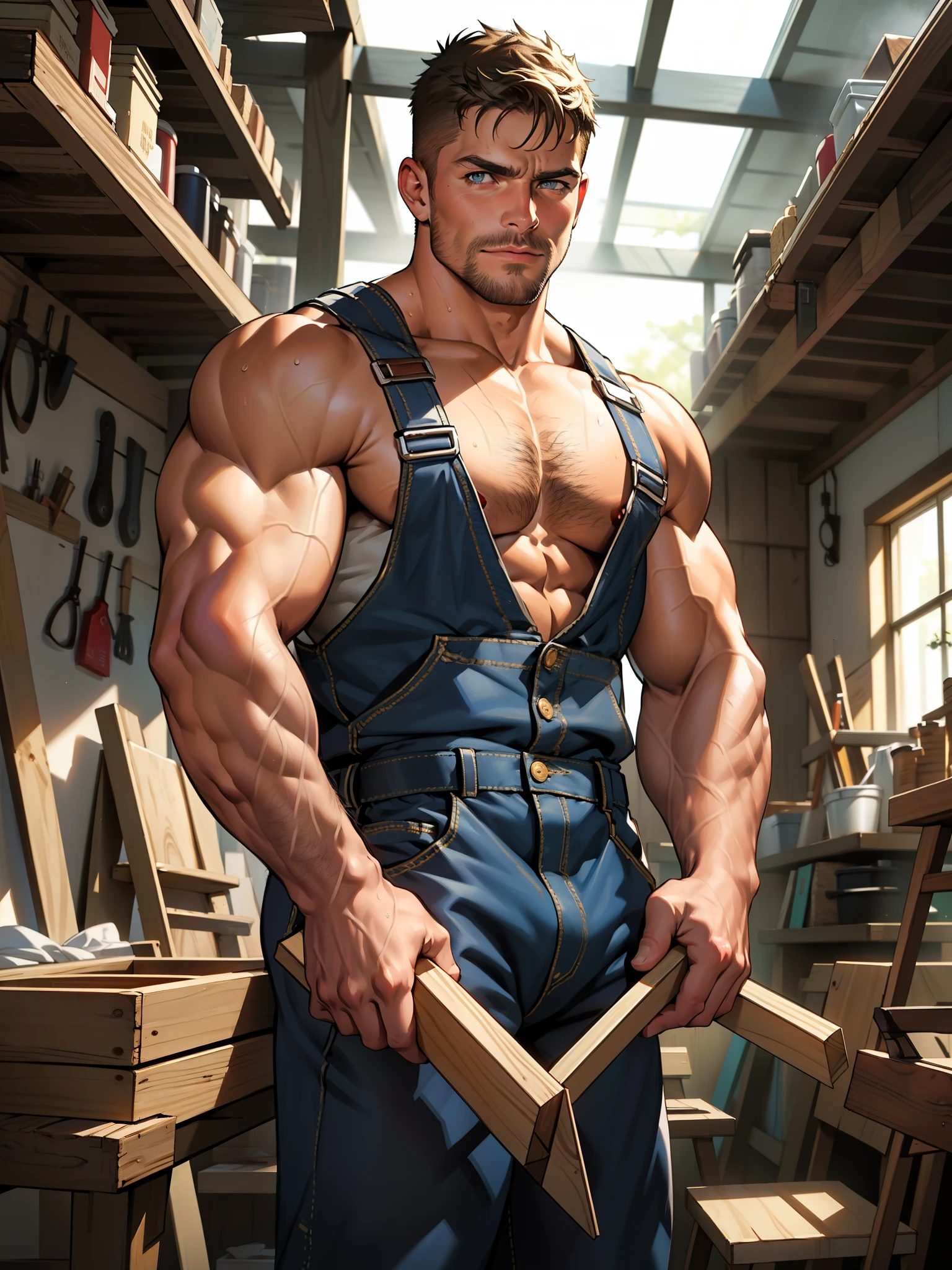 masterpiece, best quality, face, natural eyes, 1man, macho man,, muscled and mature, stephen amell as a carpenter wearing totally unbuttoned overall, sweating, tight cloth showing his muscles and bulge , full body , background wood workshop , woodwork of chairs , tools , wood parts , volumetric dynamic bright light .....