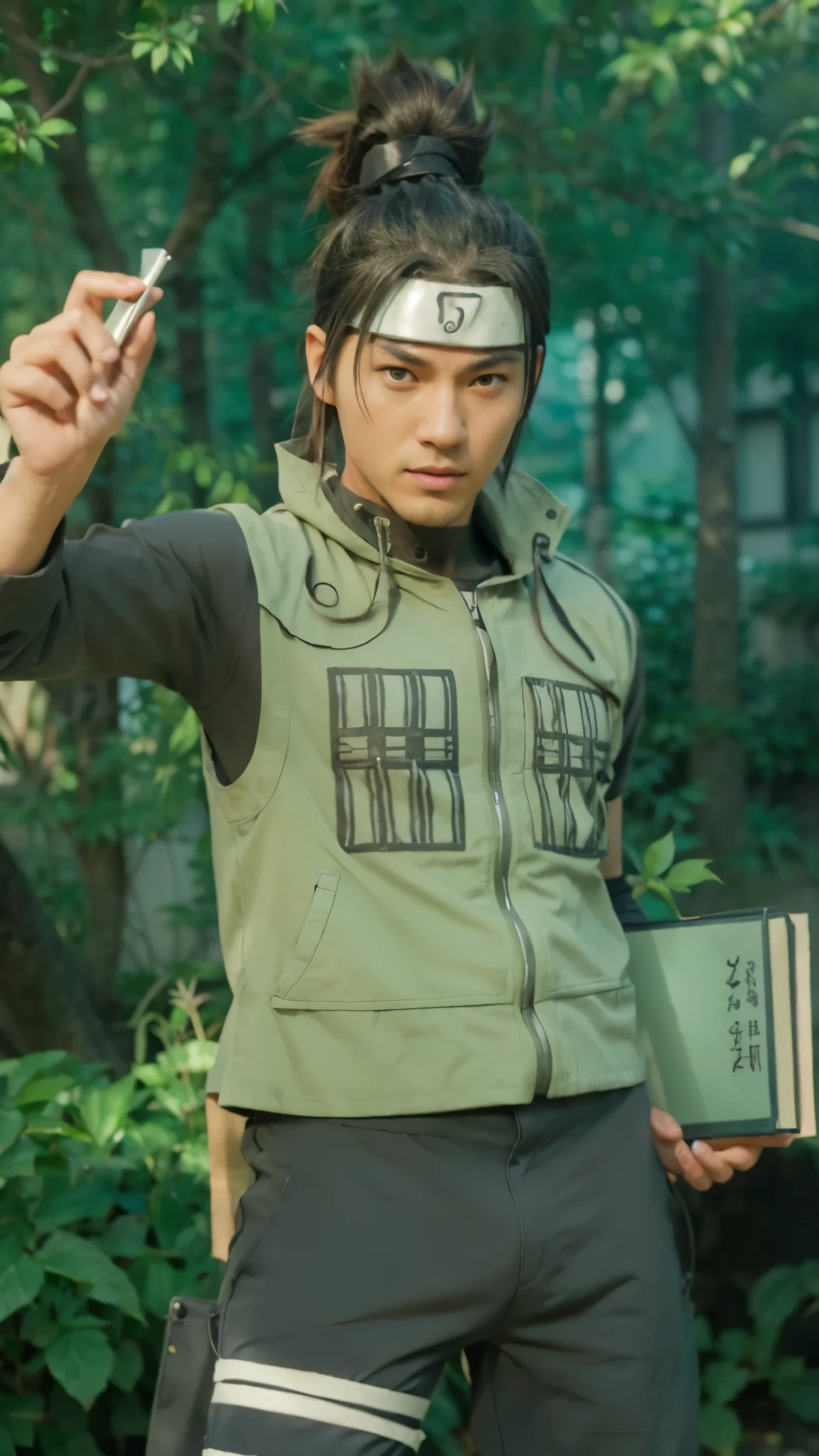 Real life adaption of this character,his name is Iruka from anime Naruto, adult handsome face, (realistic same Hair tied up), ((realistic same outfit)), realistic headband,hyper realistic, realistic background , realistic light, realistic shadow, realism,(photorealistic:1.2),right hand holding chalk,left holding book