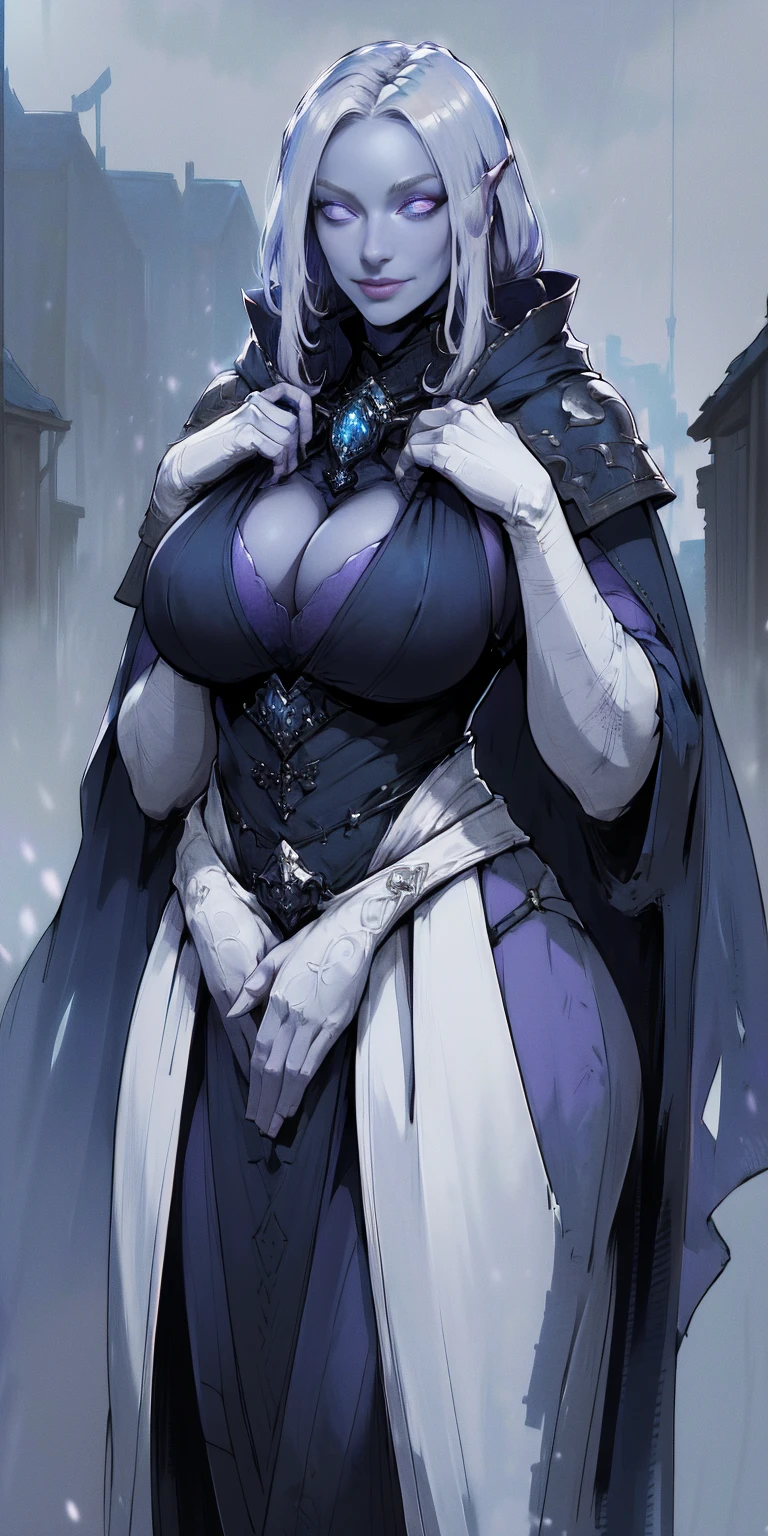 (chest covered with both hands) (HANDS ON chest) (smile) Gray skin, white silver hair and violet eyes. She prefers clothing of white and silver with cloaks of deep blue or purple, village background, huge knockers, ((very precise detailed)) ((high res)