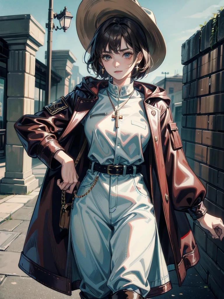 cool cowgirl, fantasy adventurer, cowboy hat, decorated hooded armor jacket, cross belt, Brown leather pants, Red leather long boots, absurdres, RAW photo, extremely delicate and beautiful, masterpiece, Best Quality, ultra high resolution, 32k, hyperrealistic, ultra-detailed, detailed description, pale skin, 20 years old, tearful mole, earring, short medium hair, wavy hair, whole body shot,