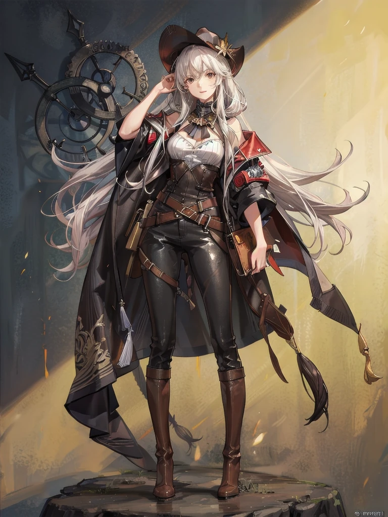 cool cowgirl, fantasy adventurer, cowboy hat, decorated hooded armor jacket, cross belt, Brown leather pants, Red leather long boots, absurdres, RAW photo, extremely delicate and beautiful, masterpiece, Best Quality, ultra high resolution, 32k, hyperrealistic, ultra-detailed, detailed description, pale skin, 20 years old, tearful mole, earring, short medium hair, wavy hair, whole body shot,