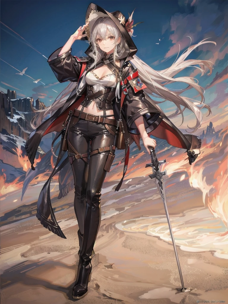 cool cowgirl, fantasy adventurer, cowboy hat, decorated hooded armor jacket, cross belt, Brown leather pants, Red leather long boots, absurdres, RAW photo, extremely delicate and beautiful, masterpiece, Best Quality, ultra high resolution, 32k, hyperrealistic, ultra-detailed, detailed description, pale skin, 20 years old, tearful mole, earring, short medium hair, wavy hair, whole body shot,