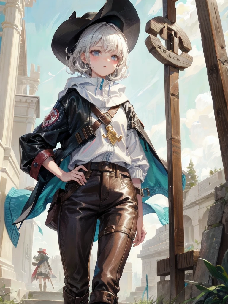 cool cowgirl, fantasy adventurer, cowboy hat, decorated hooded armor jacket, cross belt, Brown leather pants, Red leather long boots, absurdres, RAW photo, extremely delicate and beautiful, masterpiece, Best Quality, ultra high resolution, 32k, hyperrealistic, ultra-detailed, detailed description, pale skin, 20 years old, tearful mole, earring, short medium hair, wavy hair, whole body shot,