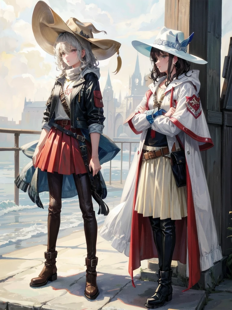 cool cowgirl, fantasy adventurer, cowboy hat, decorated hooded armor jacket, cross belt, Brown leather pants, Red leather long boots, absurdres, RAW photo, extremely delicate and beautiful, masterpiece, Best Quality, ultra high resolution, 32k, hyperrealistic, ultra-detailed, detailed description, pale skin, 20 years old, tearful mole, earring, short medium hair, wavy hair, whole body shot,