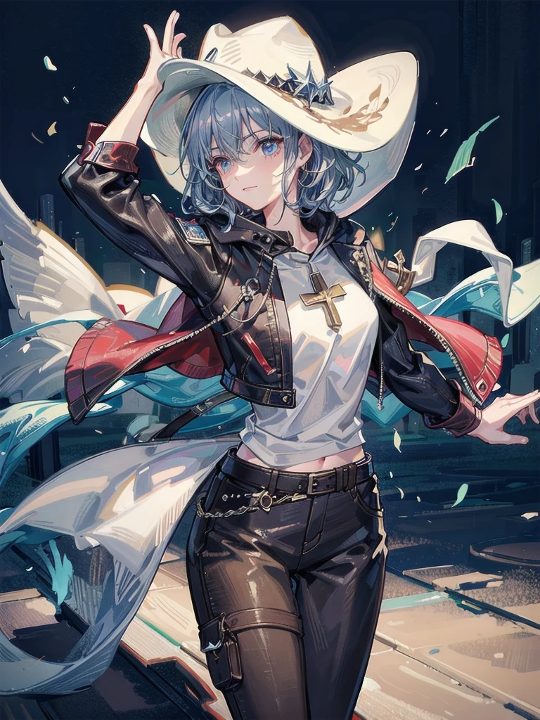 cool cowgirl, fantasy adventurer, cowboy hat, decorated hooded armor jacket, cross belt, Brown leather pants, Red leather long boots, absurdres, RAW photo, extremely delicate and beautiful, masterpiece, Best Quality, ultra high resolution, 32k, hyperrealistic, ultra-detailed, detailed description, pale skin, 20 years old, tearful mole, earring, short medium hair, wavy hair, whole body shot,