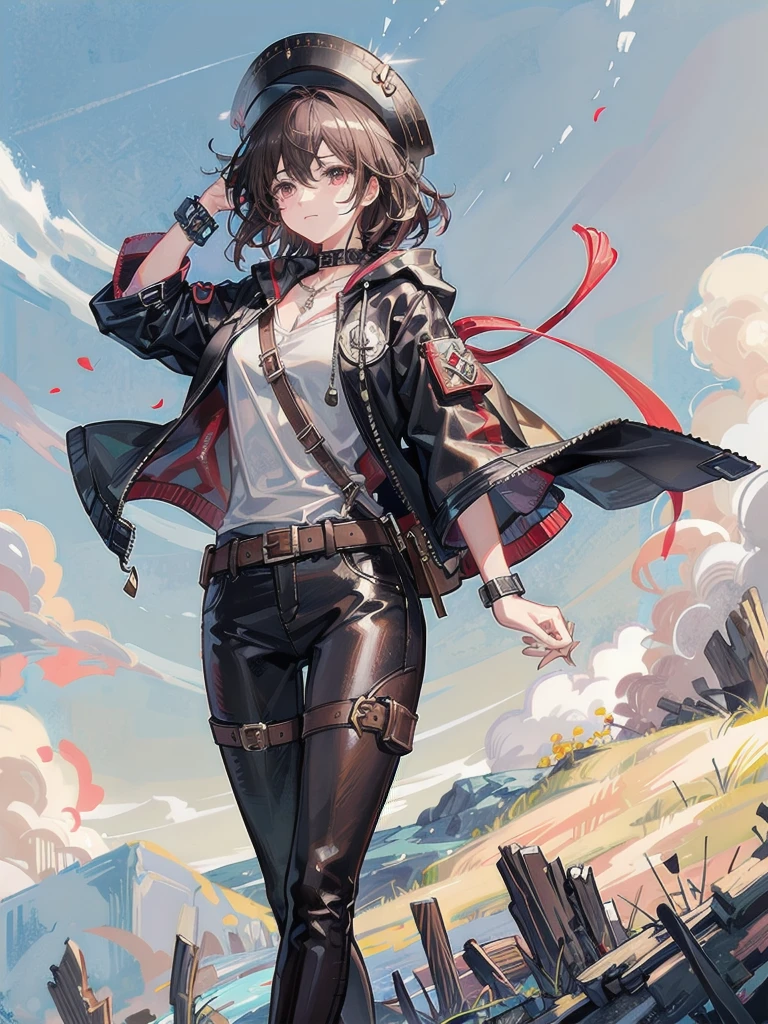 cool cowgirl, fantasy adventurer, cowboy hat, decorated hooded armor jacket, cross belt, Brown leather pants, Red leather long boots, absurdres, RAW photo, extremely delicate and beautiful, masterpiece, Best Quality, ultra high resolution, 32k, hyperrealistic, ultra-detailed, detailed description, pale skin, 20 years old, tearful mole, earring, short medium hair, wavy hair, whole body shot,