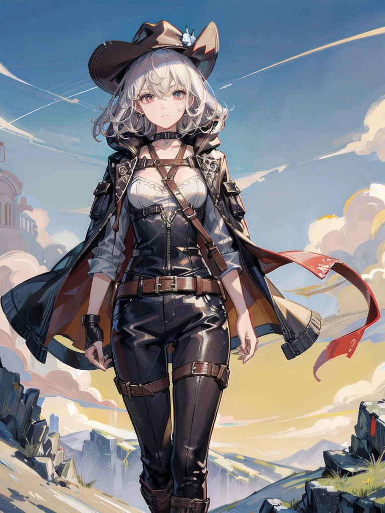 cool cowgirl, fantasy adventurer, cowboy hat, decorated hooded armor jacket, cross belt, Brown leather pants, Red leather long boots, absurdres, RAW photo, extremely delicate and beautiful, masterpiece, Best Quality, ultra high resolution, 32k, hyperrealistic, ultra-detailed, detailed description, pale skin, 20 years old, tearful mole, earring, short medium hair, wavy hair, whole body shot,