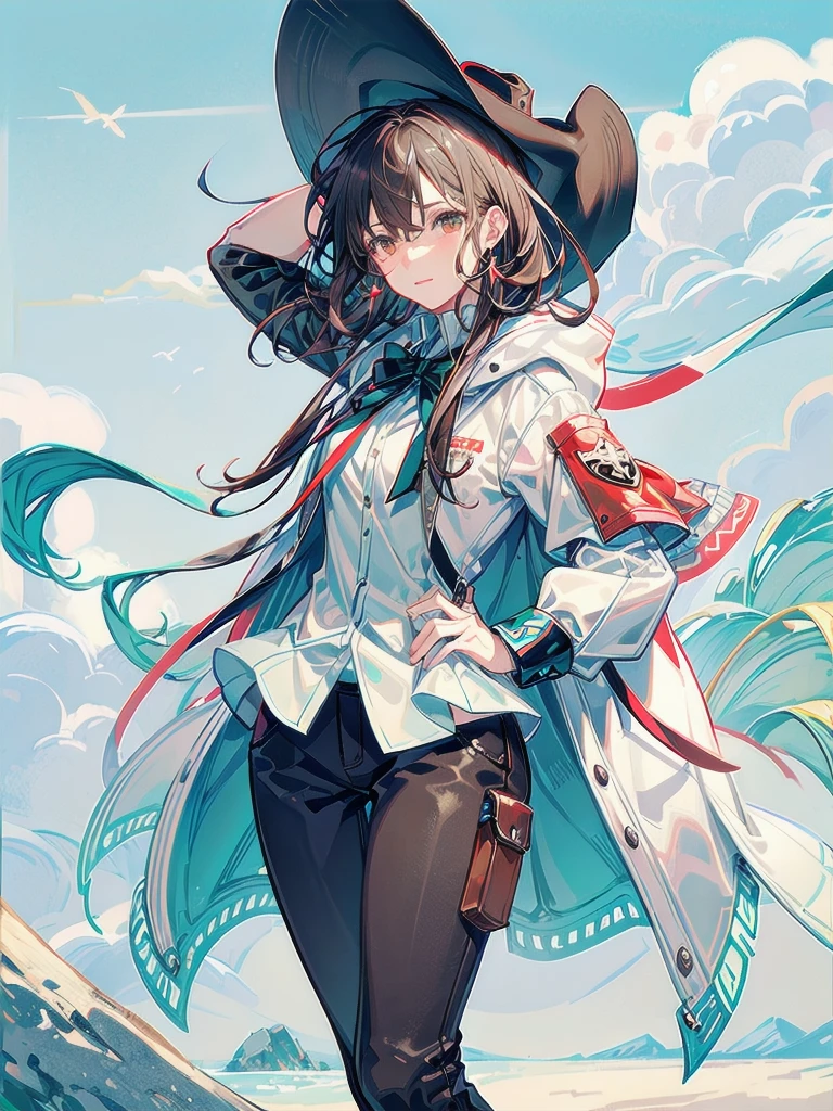 cool cowgirl, fantasy adventurer, cowboy hat, decorated hooded armor jacket, cross belt, Brown leather pants, Red leather long boots, absurdres, RAW photo, extremely delicate and beautiful, masterpiece, Best Quality, ultra high resolution, 32k, hyperrealistic, ultra-detailed, detailed description, pale skin, 20 years old, tearful mole, earring, short medium hair, wavy hair, whole body shot,