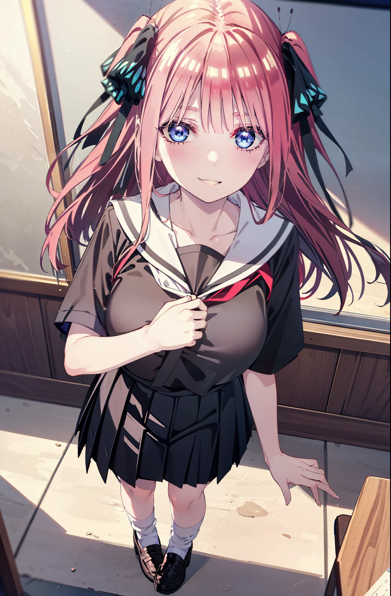 I was silent, nino nakano, Long Hair, bangs, blue eyes, hair ornaments, Hair Ribbon, Pink Hair, blunt bangs, Both sides up, butterfly hair ornaments,smile, Grin,Big Breasts,Japanese schoolgirl(Sailor suit),Short sleeve,Black pleated skirt,White loose socks,Brown Loafers,Daytime,sunny,whole bodyがイラストが入るように,Looking down from above,
break indoors, coffee shop,
break looking at viewer, whole body,
break (masterpiece:1.2), highest quality, High resolution, unity 8k wallpaper, (shape:0.8), (Beautiful details:1.6), Highly detailed face, Perfect lighting, Highly detailed CG, (Perfect hands, Perfect Anatomy),