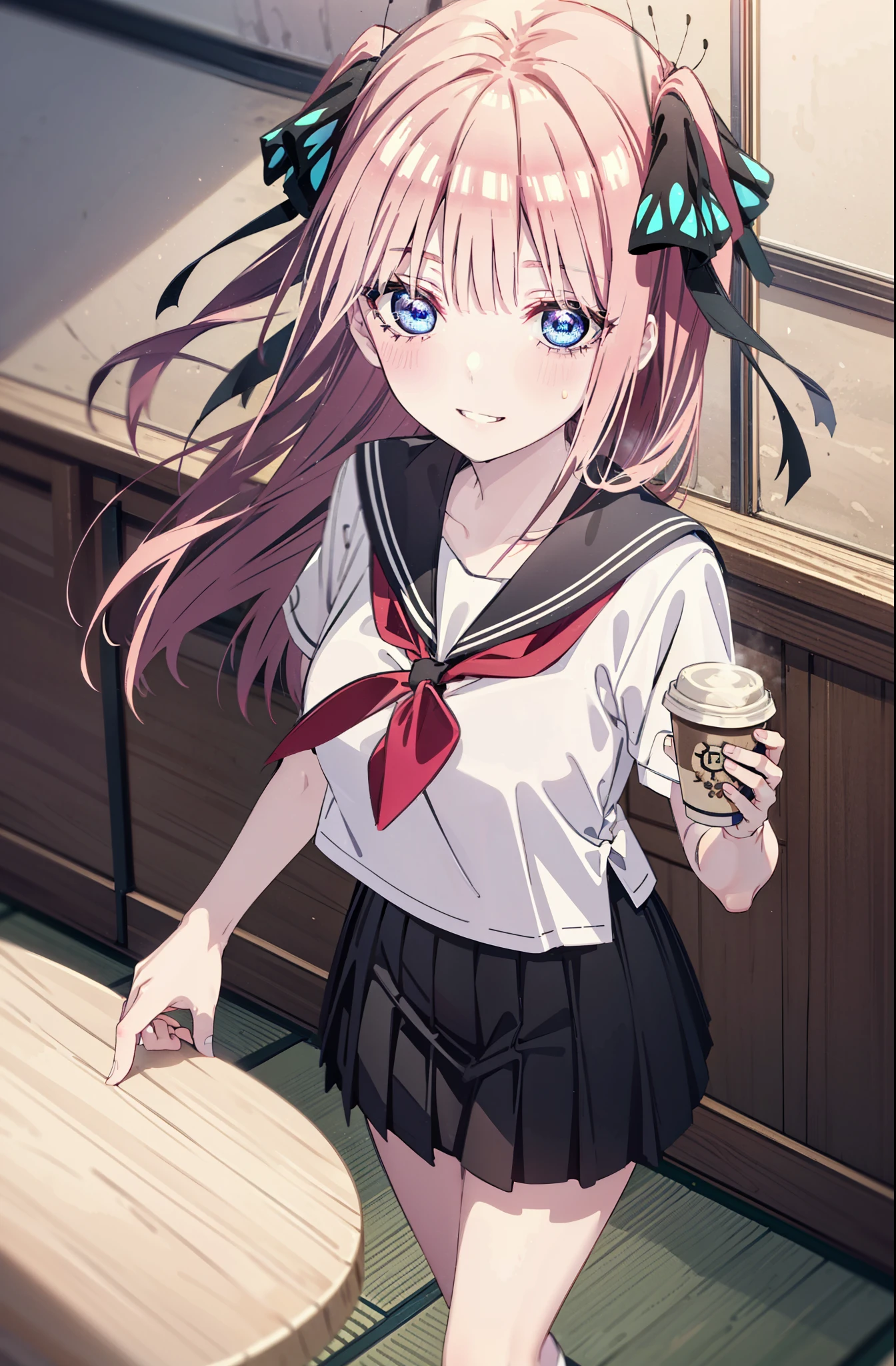 I was silent, nino nakano, Long Hair, bangs, blue eyes, hair ornaments, Hair Ribbon, Pink Hair, blunt bangs, Both sides up, butterfly hair ornaments,smile, Grin,Big Breasts,Japanese girl(Sailor suit),Short sleeve,Black pleated skirt,White loose socks,Brown Loafers,Daytime,sunny,whole bodyがイラストが入るように,Looking down from above,
break indoors, coffee shop,
break looking at viewer, whole body,
break (masterpiece:1.2), highest quality, High resolution, unity 8k wallpaper, (shape:0.8), (Beautiful details:1.6), Highly detailed face, Perfect lighting, Highly detailed CG, (Perfect hands, Perfect Anatomy),