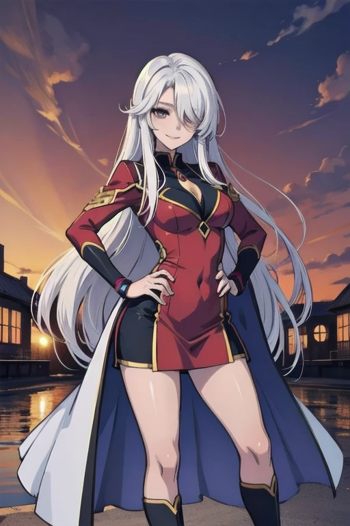 Medium breast anime girl, (contrapposto: 1.2),(hand on hip), (smile), (whole body), (people々focus on), (Long white hair), (Hair on one eye),Enchanting anime girl, Best Anime, Attractive anime girl, 4k anime wallpaper, 4K Manga Wallpapers, Detailed digital anime art, Anime Best Girls, Beautiful Anime Girls, Detailed anime artwork, Beautiful and attractive anime women
