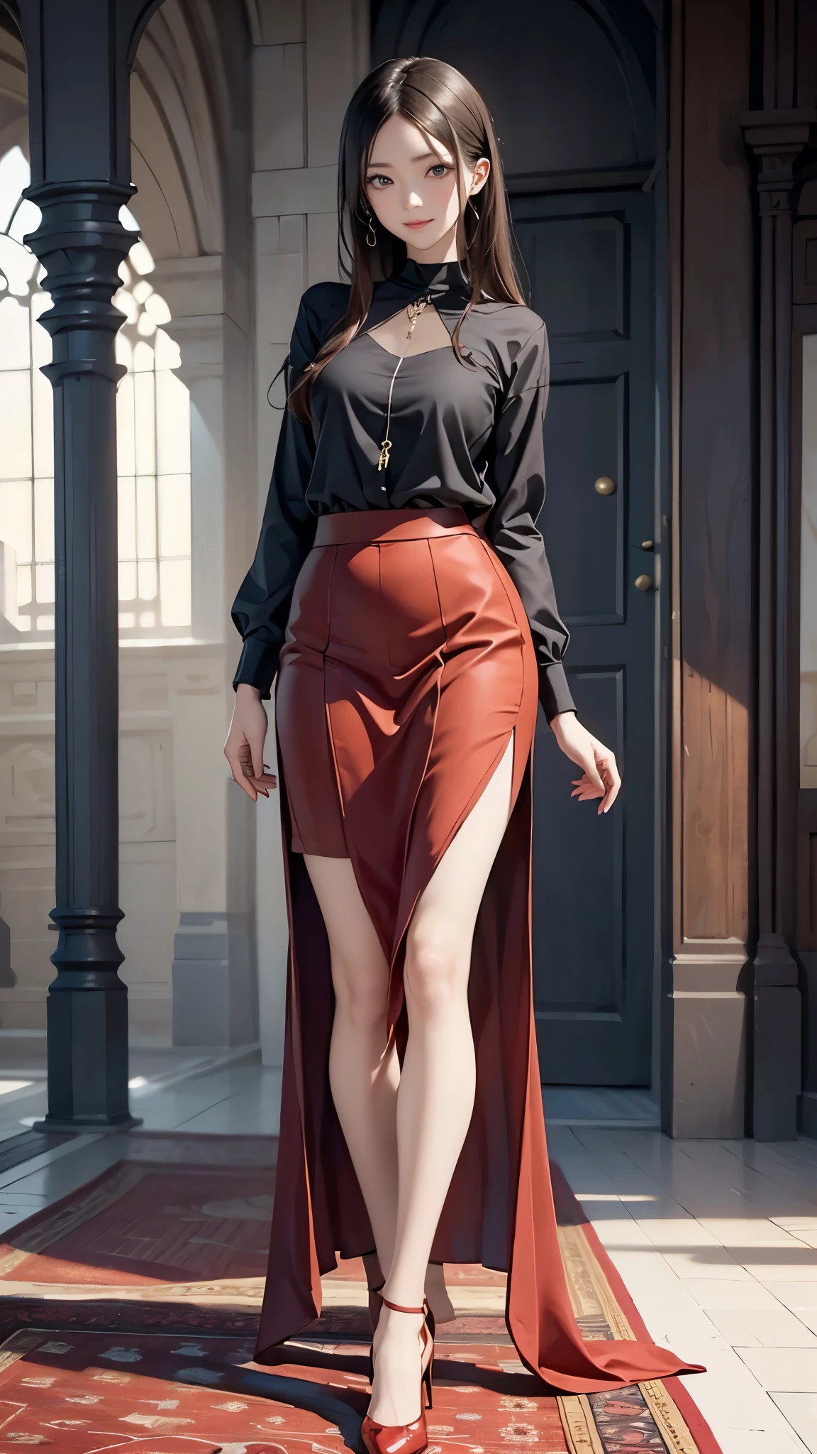 ((Biologically correct limb count))、(( Illustrations including faces))、4K、Masterpiece、((Focus on the face))、((Symmetrical, well-proportioned facial features))、Eyes with delicate depictions、Beautiful woman、Outstanding style、Slender Body、(Black shirt、High heels、((Red knee-length skirt)))、On the carpet、(Looking up、Shy、smile)、((saint))、high school girl、Absolute area、