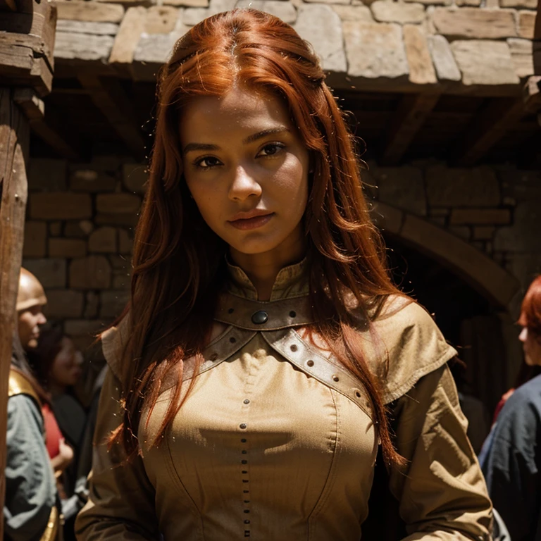 A light brown skinned woman with red hair in medieval times