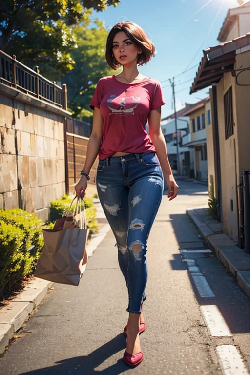 A stream of view of a beautiful woman walking down a street, sua camiseta rosa e jeans desbotados iluminados pelo sol, um carro vermelho passando ao fundo, e um mundo de luz cintilante.  