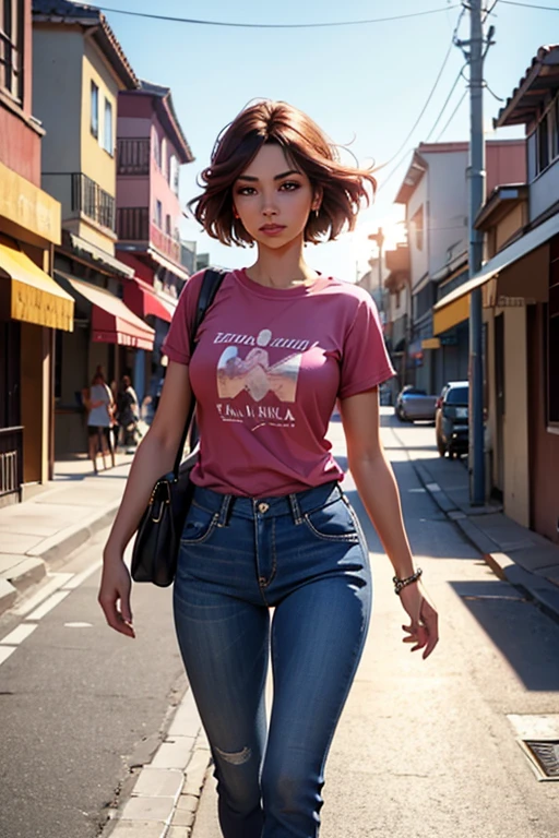 A stream of view of a beautiful woman walking down a street, sua camiseta rosa e jeans desbotados iluminados pelo sol, um carro vermelho passando ao fundo, e um mundo de luz cintilante.  