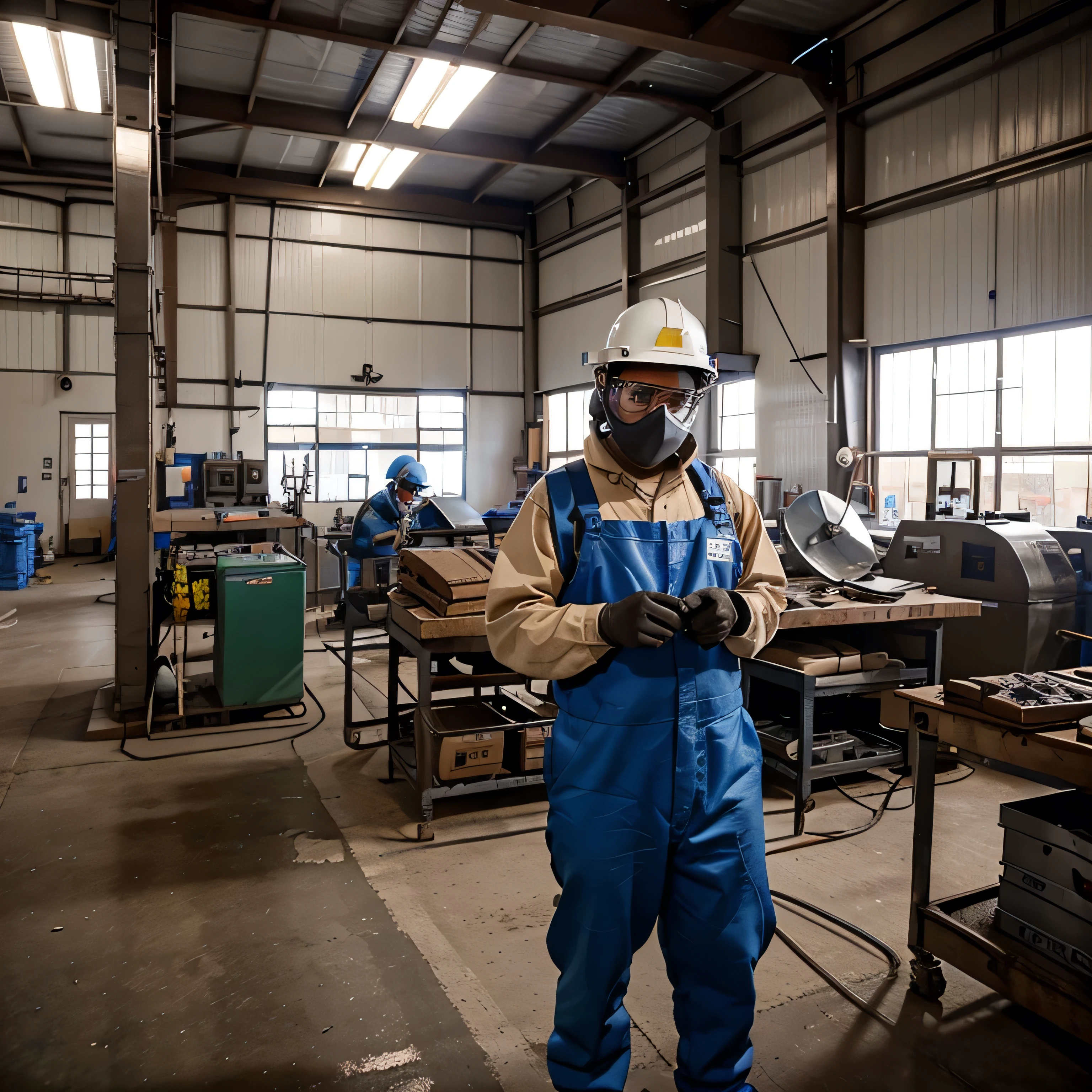 Create a very very safety and comfort working place inside factory. Five workers doing welding job with full personal protective equipment. The area is very very clean and tidy