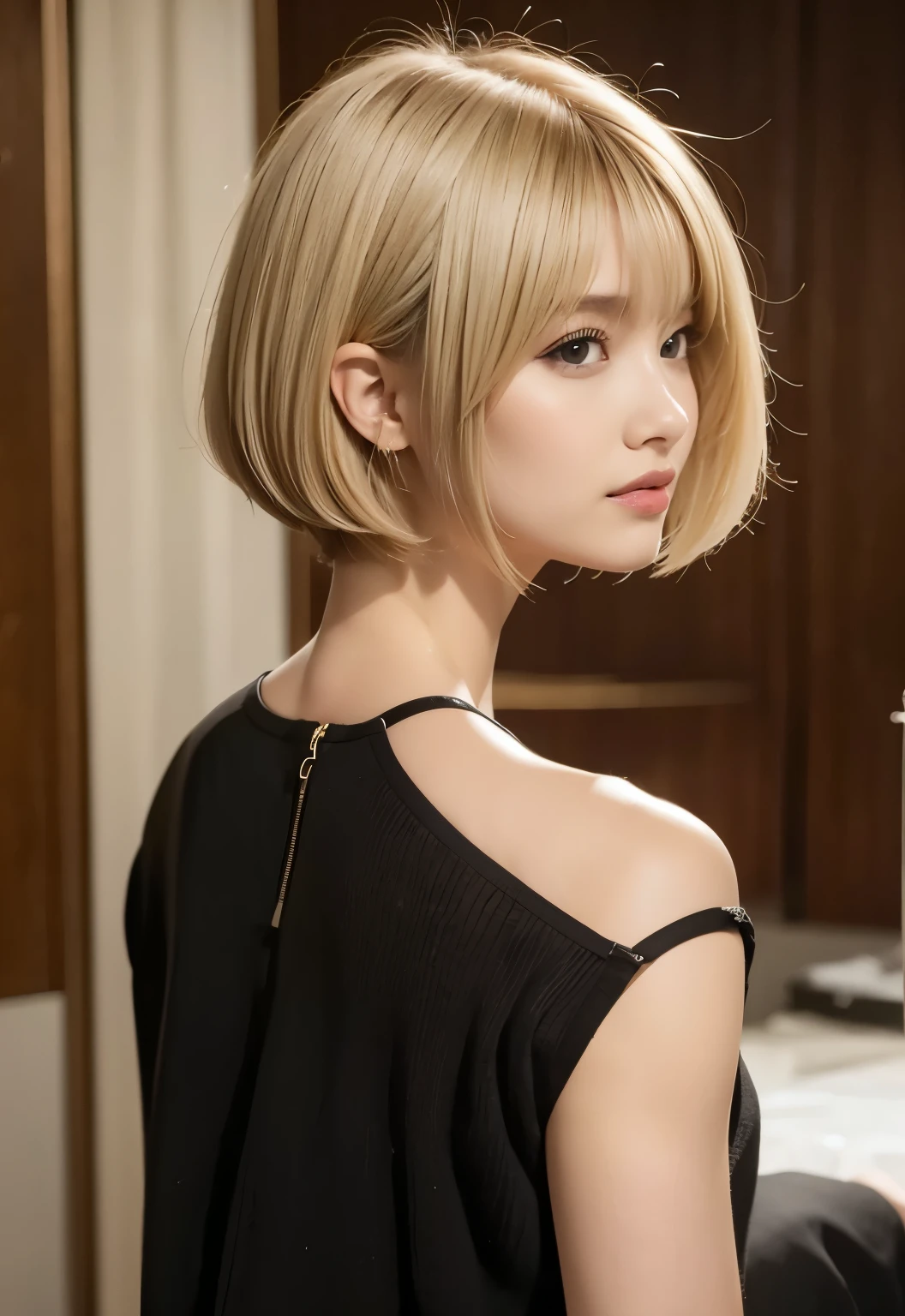 Back view:1.3, Blonde:1.2, Medium Bob