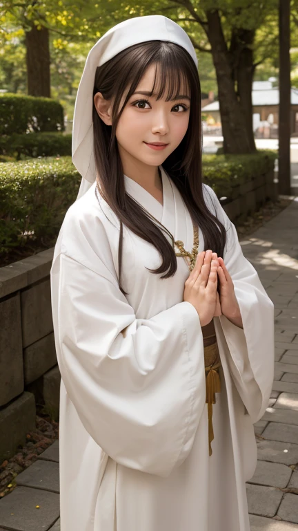 
(RAW Photos:1.2), (Realistic), Beautiful detailed girl, Very detailed eyes and face, Beautiful fine details, Large file size, High resolution, Very detailed, highest quality, [Tabletop:1.6], figure, Very detailed, The finer details, highest quality, 8k wallpaper, Cinema Lighting,22-year-old priestess, Stand in front of the shrine and pray,   Expressions of Prayer, Big eyes, Japanese God々Shii Shrine, Cobblestones , A light smile