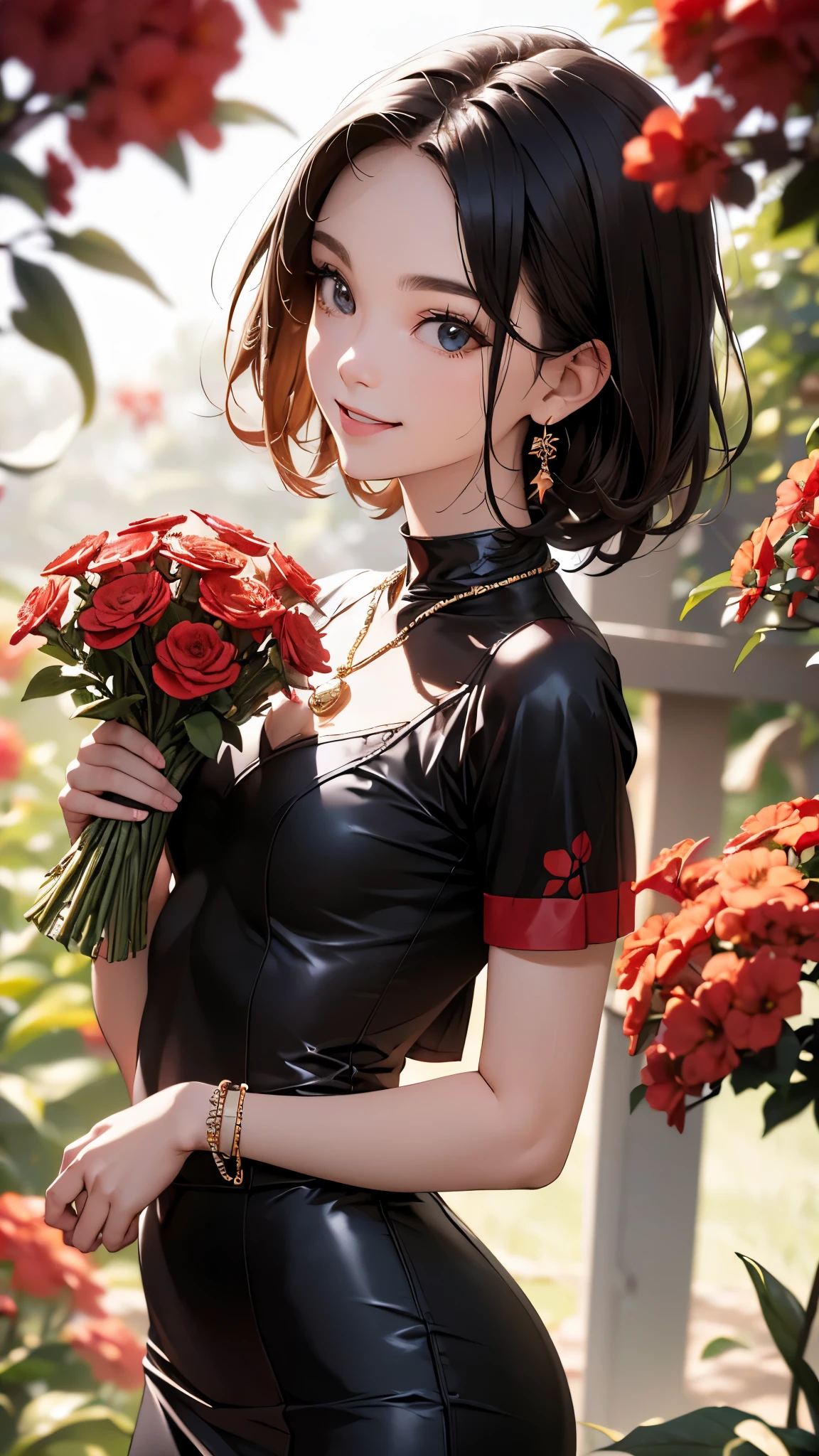Medium round breasts, (1 mature Girl), ((light black color hair: 5.2, long straight style, messy bangs)), blue eyes, double eyelids, light effect on the eyes, wide hips, black off-the-shoulder skirt dress , stylish, beautiful smile, shy, blush on cheeks, ((sexy body)), solo, best quality, masterpiece, portrait, flirting with viewer, sensual pose, detailed, perfect anatomy, detailed art, high definition, 4k , high resolution, garden, grass, holding bouquet of flowers, house