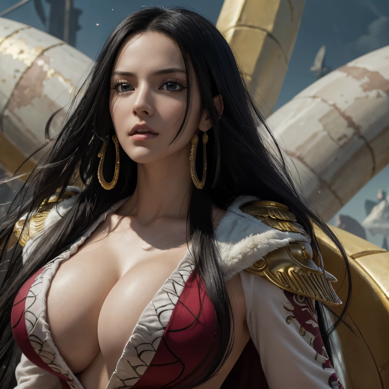 (((masterpiece+highest quality+High resolution+Very detailed))), Boa Hancock, long, silky black hair, High nose, Sharp eyes, A noble and inviolable character, solo, (([woman]: 1.2 + [beauty]: 1.2 + Long black hair: 1.2)), skull_snake background, Bright Eyes, Dynamic angles and postures, wallpaper, ((natural big breasts:1.3)), ((sexy)), outdoor, pirate ship.
