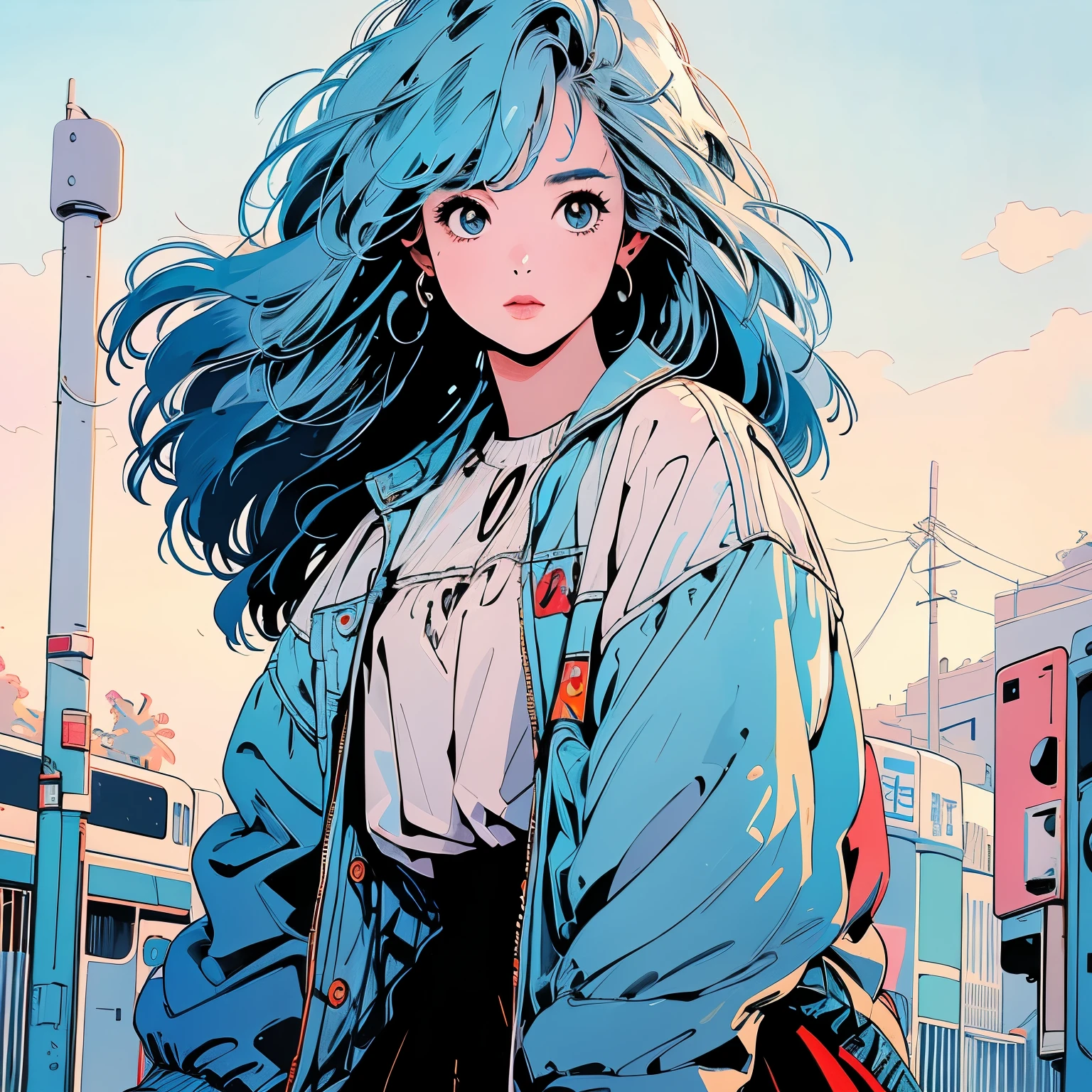 whole body, Upper Body、One beautiful woman, 4k, Warm colors , White blouse、skirt, pedestrian crossing、Signal, Complex background、Light blue hair