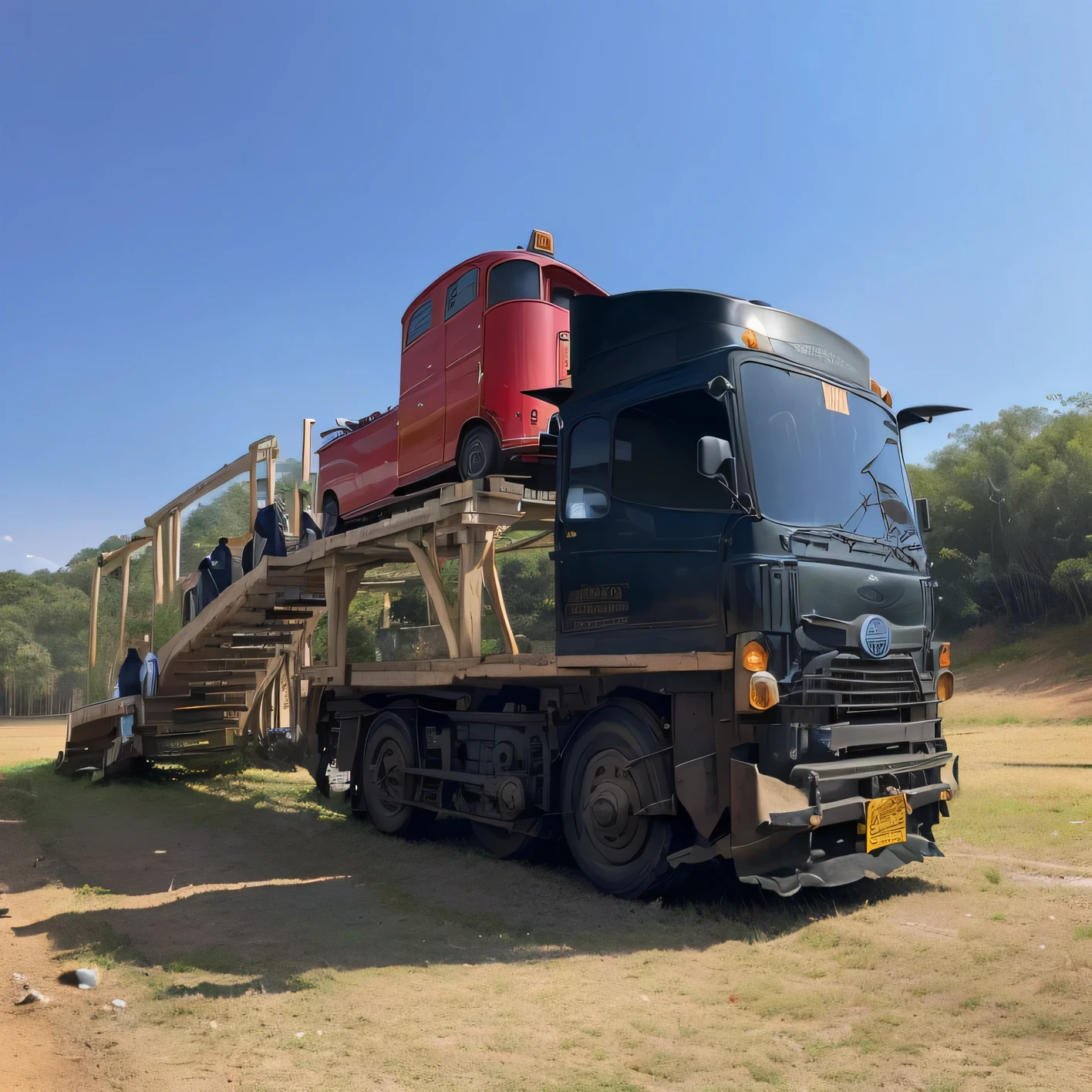 there is a large รถบรรทุก with a red รถบรรทุก on the back, slide car, Rickshaw, Full equipment, full - see, Incredible depth, By Matthew Smith, hdt, By Evan Ranger, versatile, front full, front, 8 km'', 8k'', front side view, fully symmetrical, Jin Yiwei, Uploaded