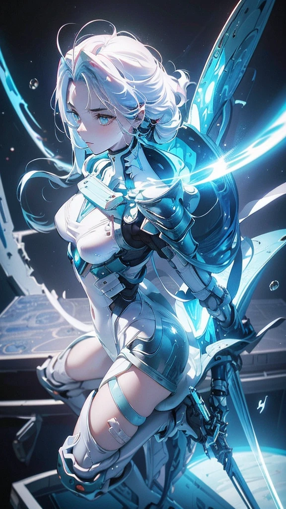masterpiece, best quality, anime girl in tight hightech cyberpunk space suit, few armor parts in shoulder, arms, legs, no helmet, medium white hairr, teal eyes, side view, view from above, space full of stars, planet, moon, and other space effects background, light aura, some fog, light effects,