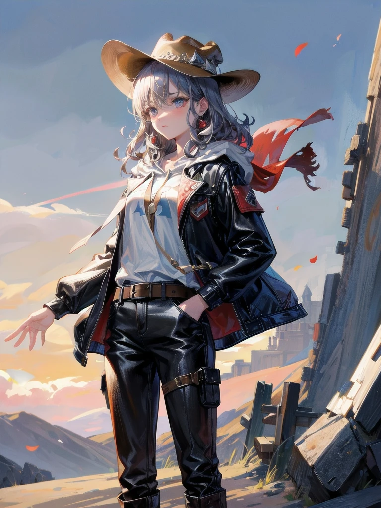 cool cowgirl, fantasy adventurer, cowboy hat, decorated hooded armor jacket, cross belt, Brown leather pants, Red leather long boots, absurdres, RAW photo, extremely delicate and beautiful, masterpiece, Best Quality, ultra high resolution, 32k, hyperrealistic, ultra-detailed, detailed description, pale skin, 20 years old, tearful mole, earring, short medium hair, wavy hair, whole body shot,