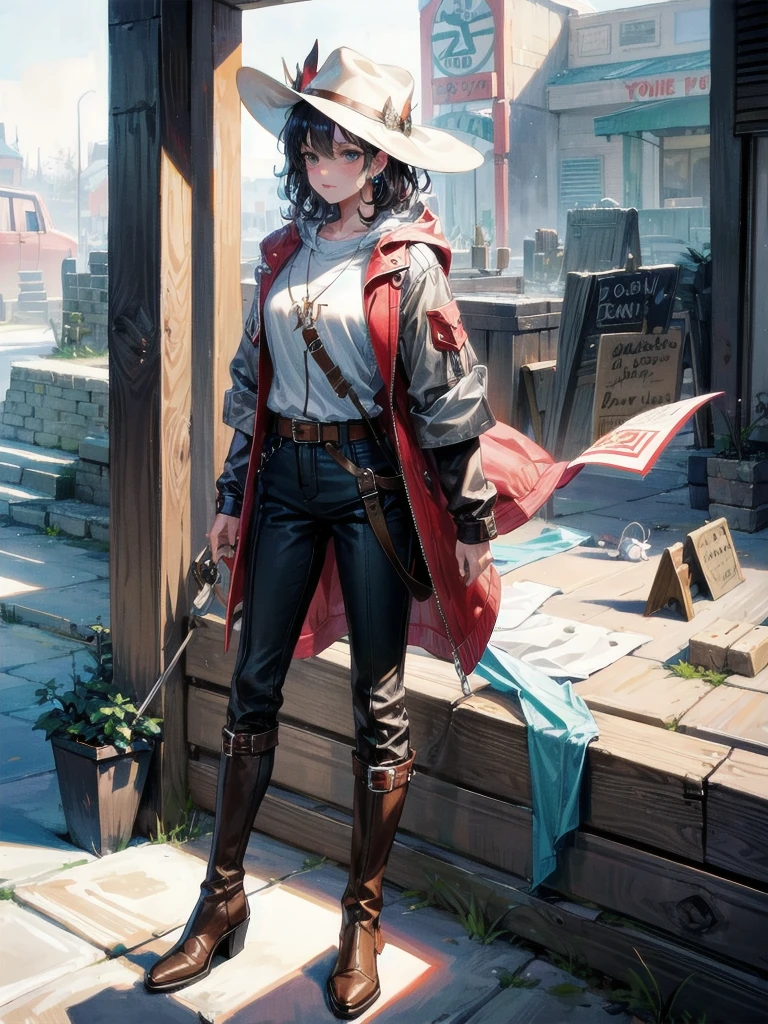 cool cowgirl, fantasy adventurer, cowboy hat, decorated hooded armor jacket, cross belt, Brown leather pants, Red leather long boots, absurdres, RAW photo, extremely delicate and beautiful, masterpiece, Best Quality, ultra high resolution, 32k, hyperrealistic, ultra-detailed, detailed description, pale skin, 20 years old, tearful mole, earring, short medium hair, wavy hair, whole body shot,