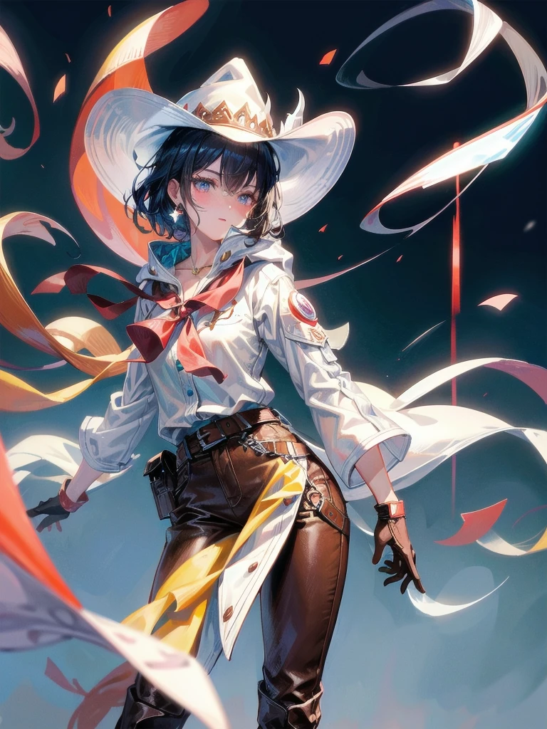 cool cowgirl, fantasy adventurer, cowboy hat, decorated hooded armor jacket, cross belt, Brown leather pants, Red leather long boots, absurdres, RAW photo, extremely delicate and beautiful, masterpiece, Best Quality, ultra high resolution, 32k, hyperrealistic, ultra-detailed, detailed description, pale skin, 20 years old, tearful mole, earring, short medium hair, wavy hair, whole body shot,
