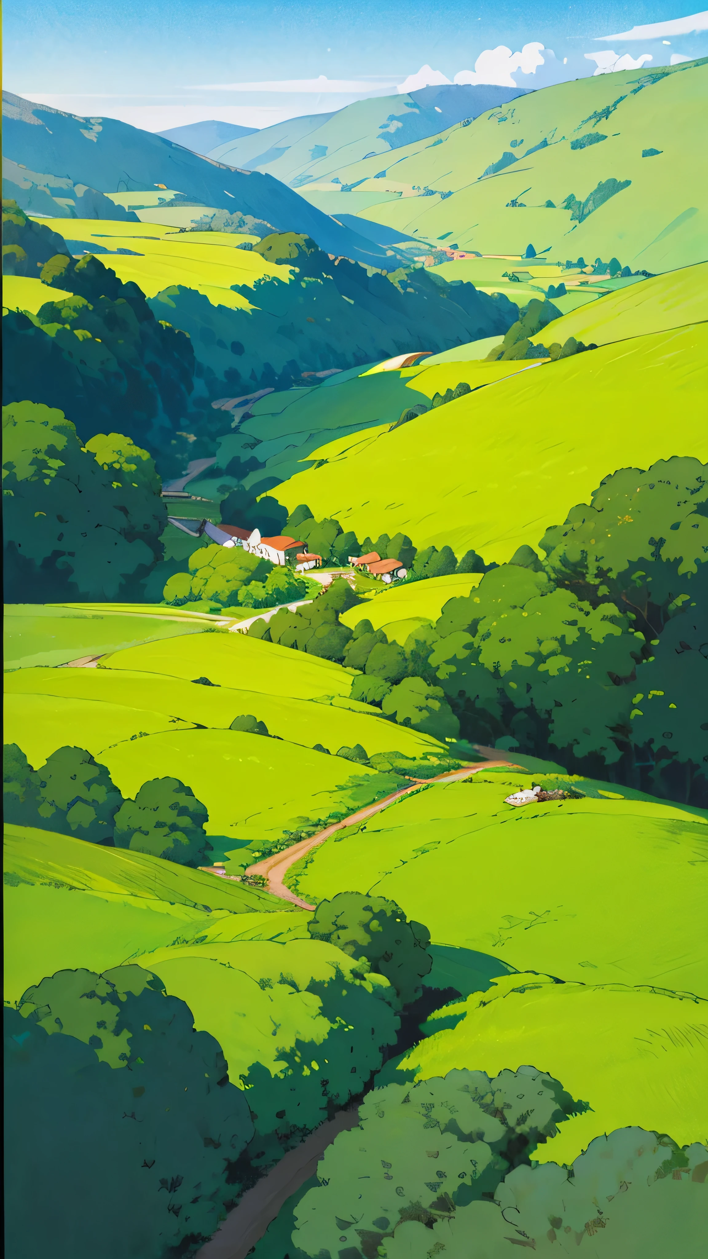In the heart of a serene country landscape, a breathtaking oil painting emerges. The scene is set by Studio Ghibli, under the masterful hand of Hayao Miyazaki. The canvas boasts a realistic, real, beautiful, and stunning depiction of a vast grassland under a clear blue sky.
Petals of various flowers gently flutter in the wind, blanketing the ground and adding vibrant colors to the tranquil scenery. A winding country road weaves through the grassland, leading the viewer's gaze into the distance. Along the road, a quaint building can be seen, its detailing and structure reminiscent of the charming architecture found in a