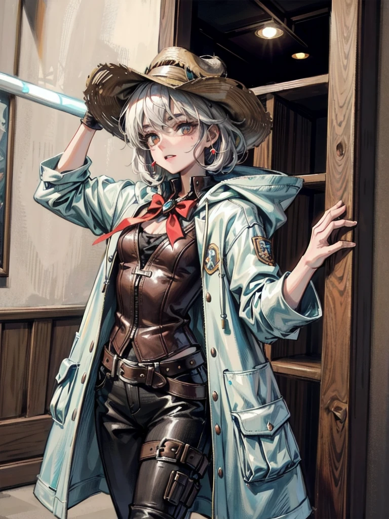 cool cowgirl, fantasy adventurer, cowboy hat, decorated hooded armor jacket, cross belt, Brown leather pants, Red leather long boots, absurdres, RAW photo, extremely delicate and beautiful, masterpiece, Best Quality, ultra high resolution, 32k, hyperrealistic, ultra-detailed, detailed description, pale skin, 20 years old, tearful mole, earring, short medium hair, wavy hair, whole body shot,