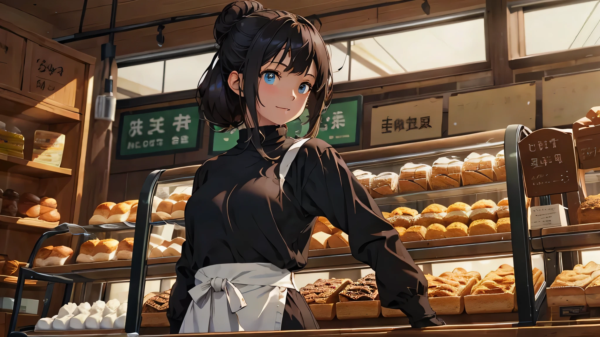absurd res, high res, ultra detailed, (1girl:1.3), (disheveled hair, beautiful detailed eyes, shiny oily skin:1.1), BREAK , Indoors store, inside a bakery, inside a candy store, inside a comfy store, dappled sunlight, BREAK Sturdy shoes, long pants, lightweight layers,
standing inside closed store
The sun shining through store window
The sun is rising and I'm looking at a woman
A young woman is standing in a candy shop
can see her brown eyes and Black hair tied up in a bun, medium sized breasts
A light store clerk outfit with a green apron and a wide smile