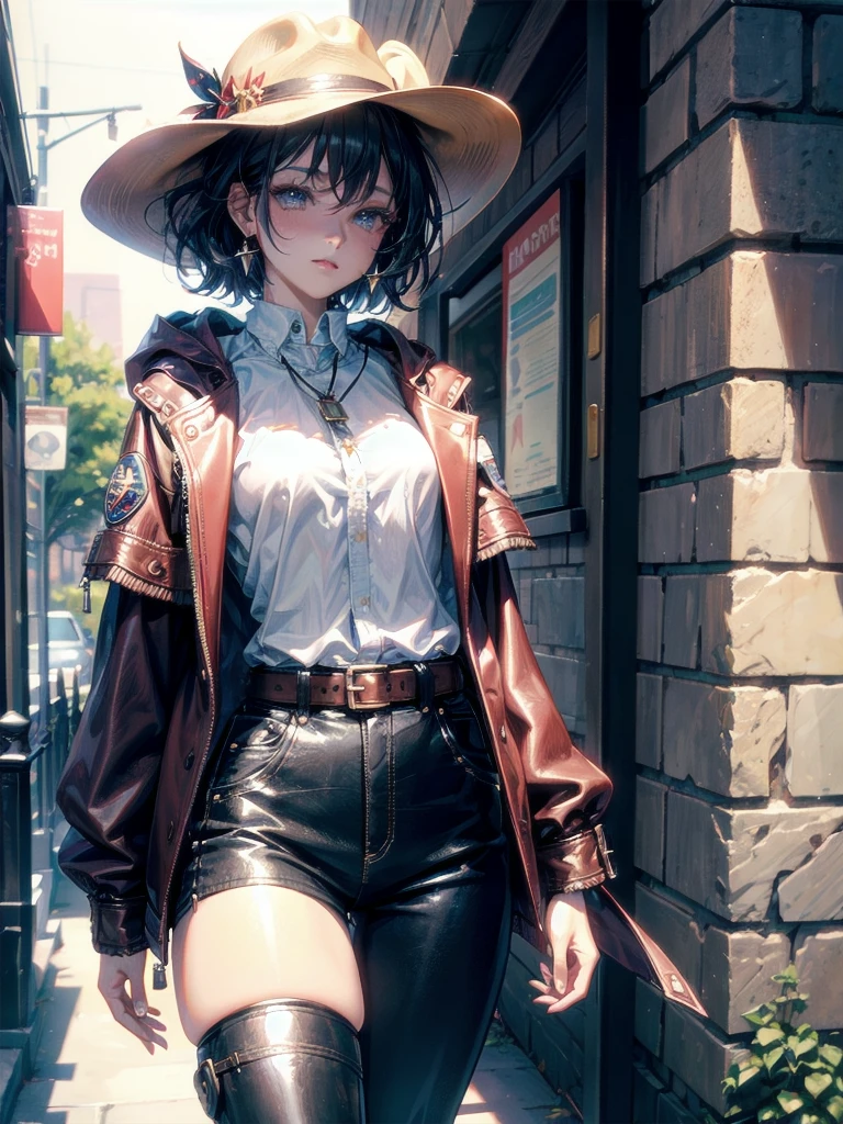 cool cowgirl, fantasy adventurer, cowboy hat, decorated hooded armor jacket, cross belt, Brown leather pants, Red leather long boots, absurdres, RAW photo, extremely delicate and beautiful, masterpiece, Best Quality, ultra high resolution, 32k, hyperrealistic, ultra-detailed, detailed description, pale skin, 20 years old, tearful mole, earring, short medium hair, wavy hair, whole body shot,