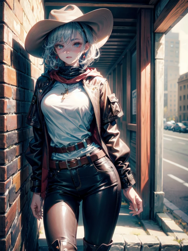 cool cowgirl, fantasy adventurer, cowboy hat, decorated hooded armor jacket, cross belt, Brown leather pants, Red leather long boots, absurdres, RAW photo, extremely delicate and beautiful, masterpiece, Best Quality, ultra high resolution, 32k, hyperrealistic, ultra-detailed, detailed description, pale skin, 20 years old, tearful mole, earring, short medium hair, wavy hair, whole body shot,
