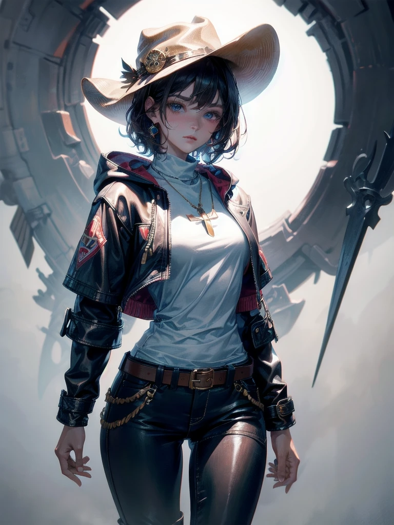 cool cowgirl, fantasy adventurer, cowboy hat, decorated hooded armor jacket, cross belt, Brown leather pants, Red leather long boots, absurdres, RAW photo, extremely delicate and beautiful, masterpiece, Best Quality, ultra high resolution, 32k, hyperrealistic, ultra-detailed, detailed description, pale skin, 20 years old, tearful mole, earring, short medium hair, wavy hair, whole body shot,