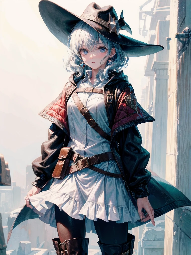 cool cowgirl, fantasy adventurer, cowboy hat, decorated hooded armor jacket, cross belt, Brown leather pants, Red leather long boots, absurdres, RAW photo, extremely delicate and beautiful, masterpiece, Best Quality, ultra high resolution, 32k, hyperrealistic, ultra-detailed, detailed description, pale skin, 20 years old, tearful mole, earring, short medium hair, wavy hair, whole body shot,