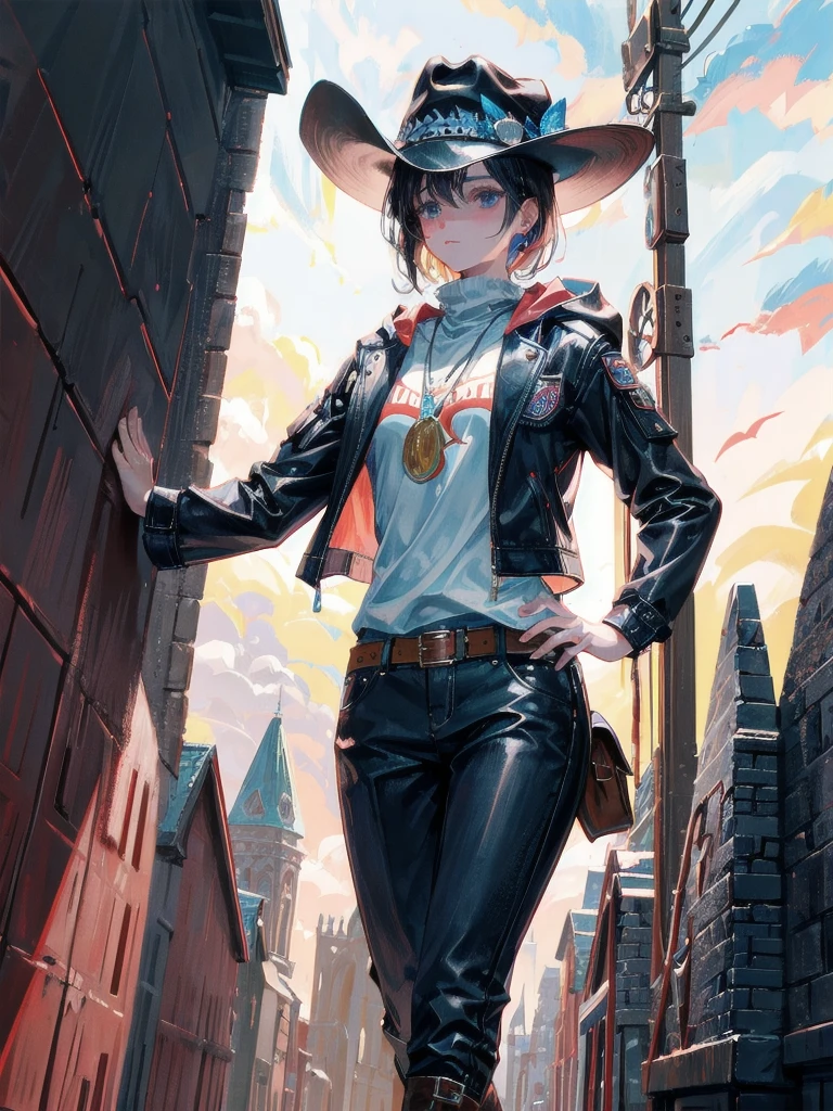 cool cowgirl, fantasy adventurer, cowboy hat, decorated hooded armor jacket, cross belt, Brown leather pants, Red leather long boots, absurdres, RAW photo, extremely delicate and beautiful, masterpiece, Best Quality, ultra high resolution, 32k, hyperrealistic, ultra-detailed, detailed description, pale skin, 20 years old, tearful mole, earring, short medium hair, wavy hair, whole body shot,