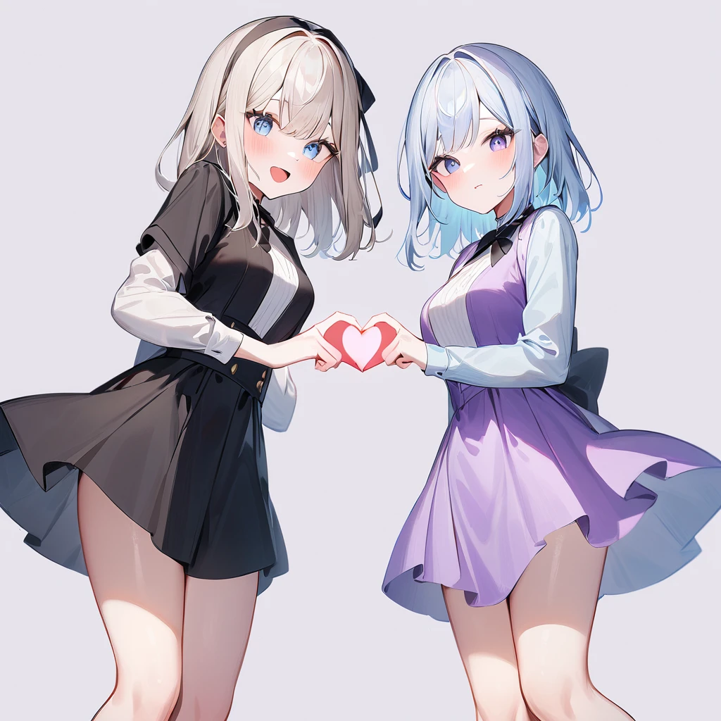 {{2girls}},masterpiece,best quality,very aesthetic,absurdres,cowboy shot,lightcolor,darkcolor,(heart_hands_duo:1.5),light hair,dark hair,White hair,light blue hair,light blue eyes,Lovely,(purple heart)