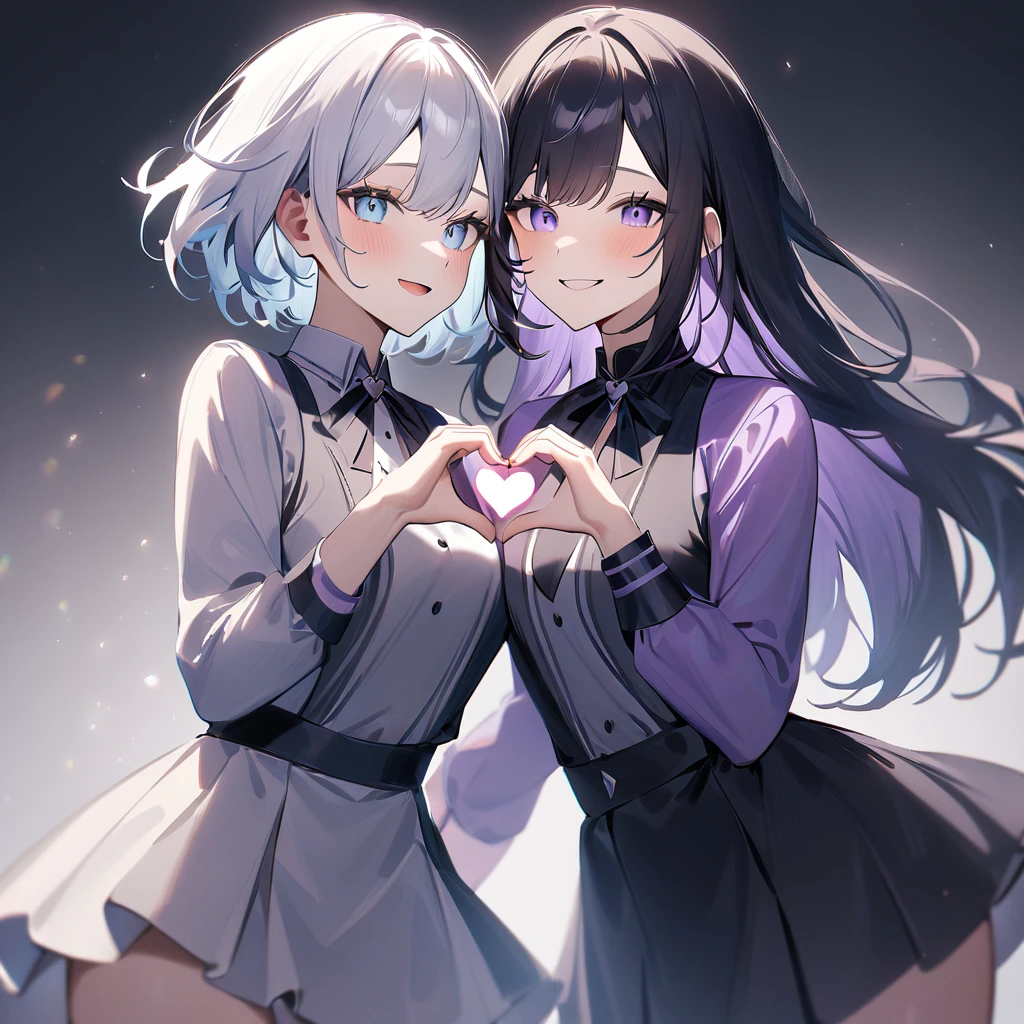 {{2girls}},masterpiece,best quality,very aesthetic,absurdres,cowboy shot,lightcolor,darkcolor,(heart_hands_duo:1.5),light hair,dark hair,White hair,light blue hair,light blue eyes,Lovely,(purple heart)