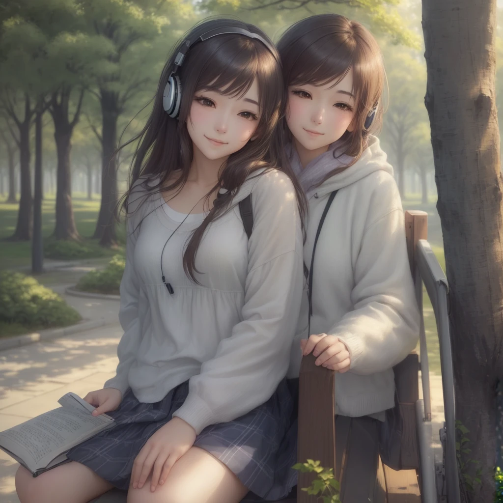 Sitting on a park bench、Create an anime-style image of a young woman in casual clothing, wearing headphones and reading a book。She is surrounded by serene nature、It gives off a sense of peace.。Her expression was relaxed.、He has a satisfied smile。Warm lighting and a soft, blurred background、It creates a quiet and gentle atmosphere。