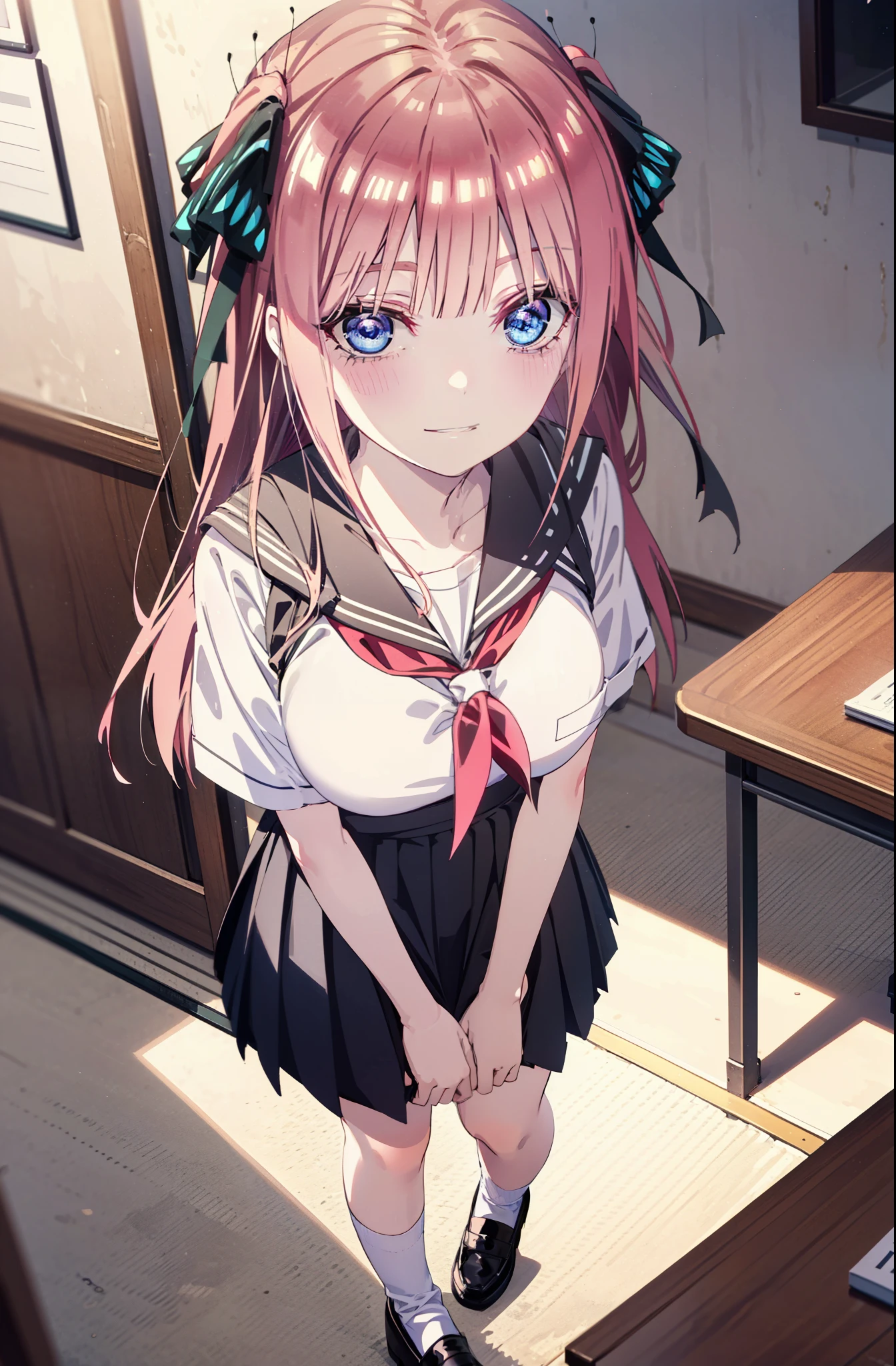 I was silent, nino nakano, Long Hair, bangs, blue eyes, hair ornaments, Hair Ribbon, Pink Hair, blunt bangs, Both sides up, butterfly hair ornaments,smile, Grin,Big Breasts,Japanese girl(Sailor suit),Short sleeve,Black pleated skirt,White loose socks,Brown Loafers,Daytime,sunny,whole bodyがイラストが入るように,Looking down from above,
break indoors, coffee shop,
break looking at viewer, whole body,
break (masterpiece:1.2), highest quality, High resolution, unity 8k wallpaper, (shape:0.8), (Beautiful details:1.6), Highly detailed face, Perfect lighting, Highly detailed CG, (Perfect hands, Perfect Anatomy),