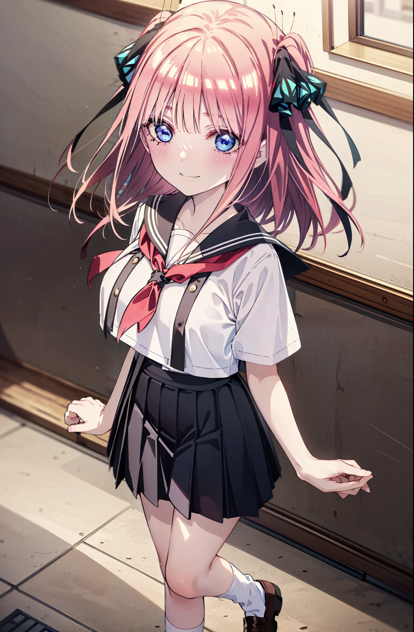 I was silent, nino nakano, Long Hair, bangs, blue eyes, hair ornaments, Hair Ribbon, Pink Hair, blunt bangs, Both sides up, butterfly hair ornaments,smile, Grin,Big Breasts,Japanese girl(Sailor suit),Short sleeve,Black pleated skirt,White loose socks,Brown Loafers,Daytime,sunny,whole bodyがイラストが入るように,Looking down from above,
break indoors, coffee shop,
break looking at viewer, whole body,
break (masterpiece:1.2), highest quality, High resolution, unity 8k wallpaper, (shape:0.8), (Beautiful details:1.6), Highly detailed face, Perfect lighting, Highly detailed CG, (Perfect hands, Perfect Anatomy),