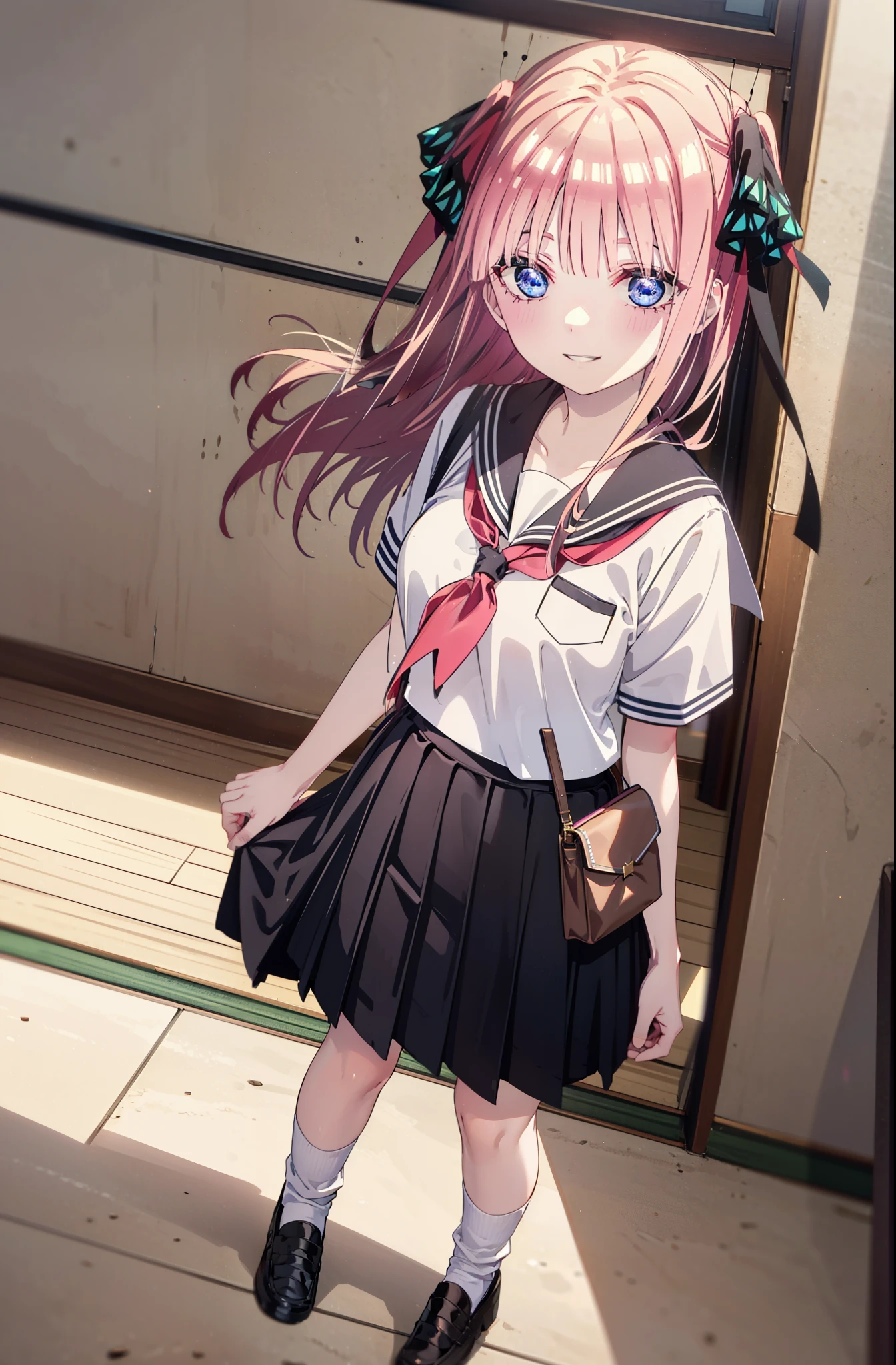 I was silent, nino nakano, Long Hair, bangs, blue eyes, hair ornaments, Hair Ribbon, Pink Hair, blunt bangs, Both sides up, butterfly hair ornaments,smile, Grin,Big Breasts,Japanese schoolgirl(Sailor suit),Short sleeve,Black pleated skirt,White loose socks,Brown Loafers,Daytime,sunny,whole bodyがイラストが入るように,Looking down from above,
break indoors, coffee shop,
break looking at viewer, whole body,
break (masterpiece:1.2), highest quality, High resolution, unity 8k wallpaper, (shape:0.8), (Beautiful details:1.6), Highly detailed face, Perfect lighting, Highly detailed CG, (Perfect hands, Perfect Anatomy),