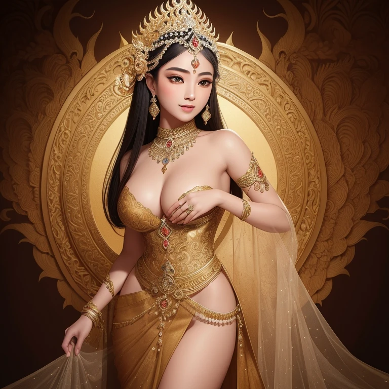 A breathtaking masterpiece depicting the Javanese goddess Arimbi, elegantly posed in human form, exudes a serene and captivating aura. This intricate and traditional piece, inspired by Wayang art, showcases exquisite detail in her human-like features and body. Her eyes, brimming with mythological wisdom, sparkle with an ethereal beauty. The artistry highlights the intricate patterns and subtle nuances of her traditional attire, as if to bring the sacred mythology to life. This stunning work exemplifies the best quality, boasting ultra-high resolution and vivid colors, ensuring every intricate detail is preserved for all to appreciate.